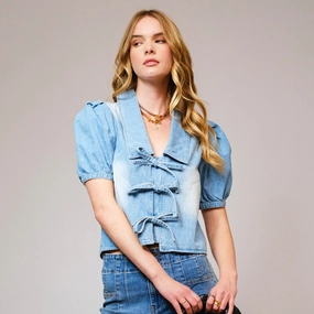 Women's Denim Collar Tie Front Short Sleeve Compact TravelFriendly Design High Stretch Fabric