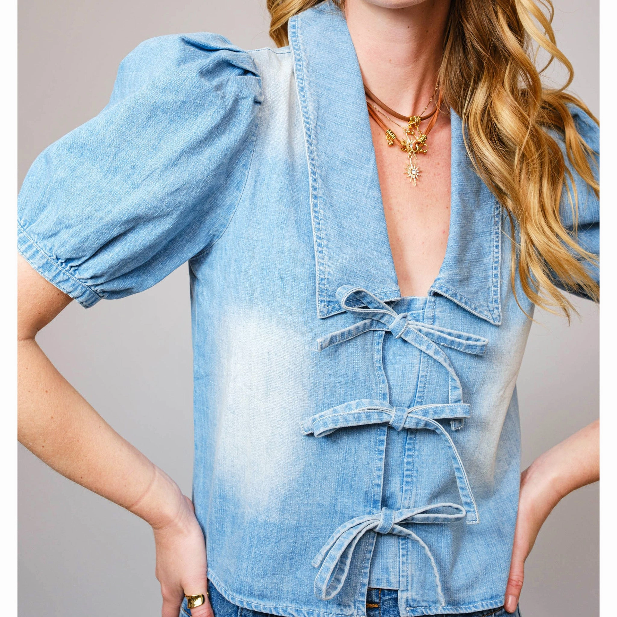 Women's Denim Collar Tie Front Short Sleeve ButterySoftTextile Relaxed Look