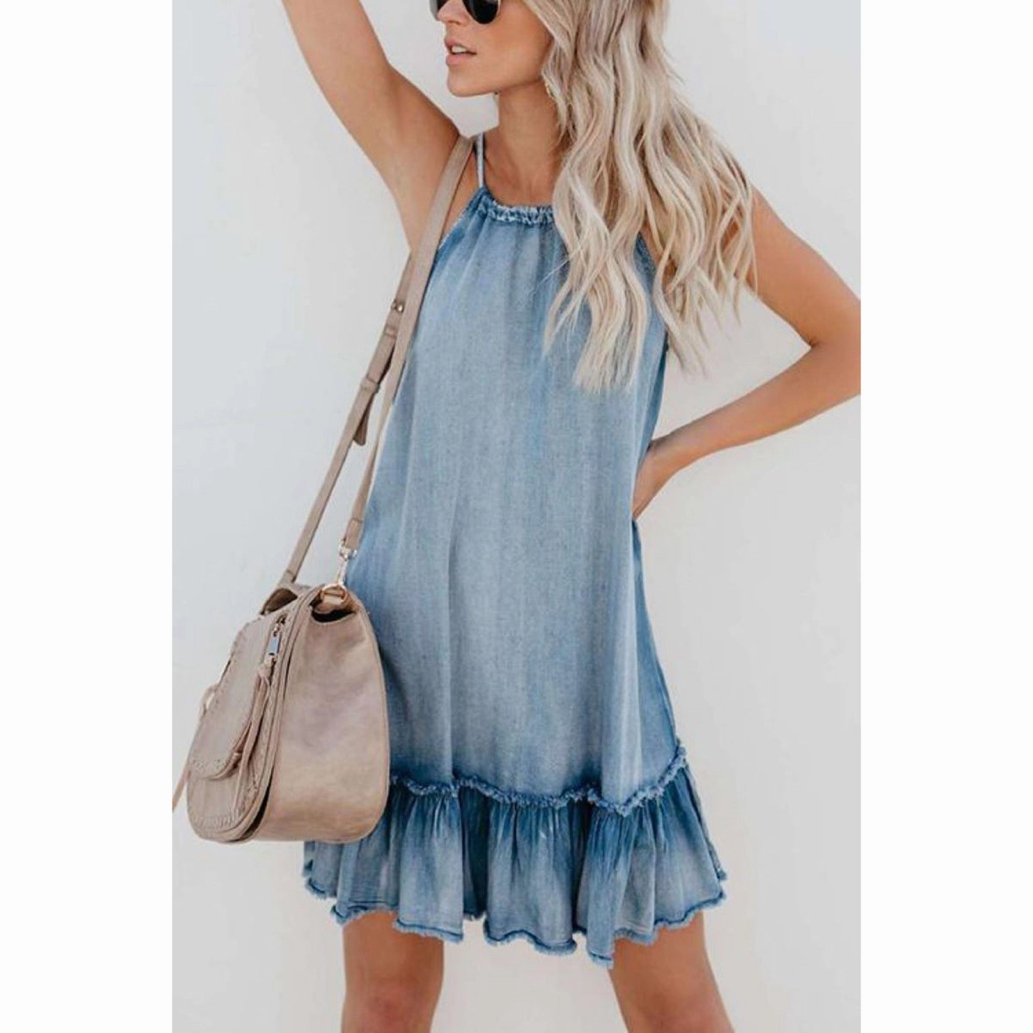 Women's Denim Ruffle Drawstring Dress Floral design Shine Finish