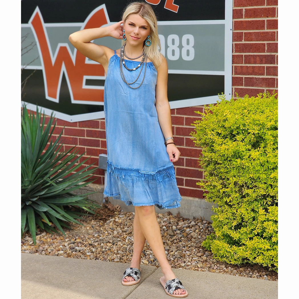 Women's Denim Ruffle Drawstring Dress Sophisticated Waist Casual event outfit