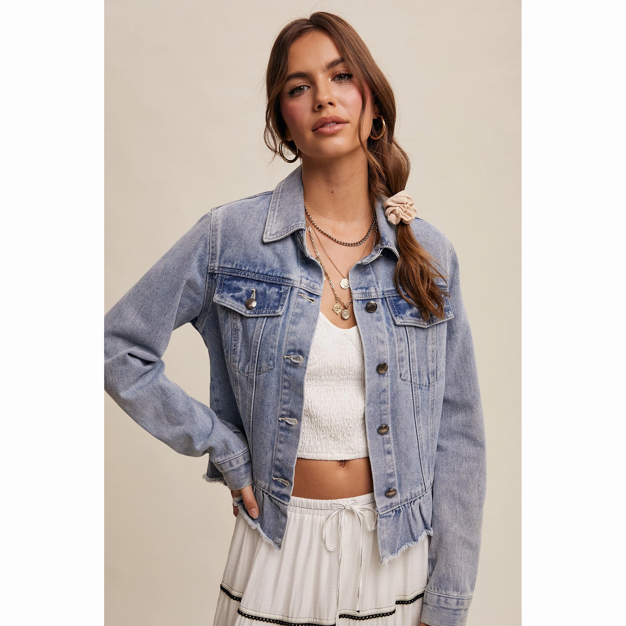 Women's Denim With Ruffle Hem Jacket Modular Layering Compatibility