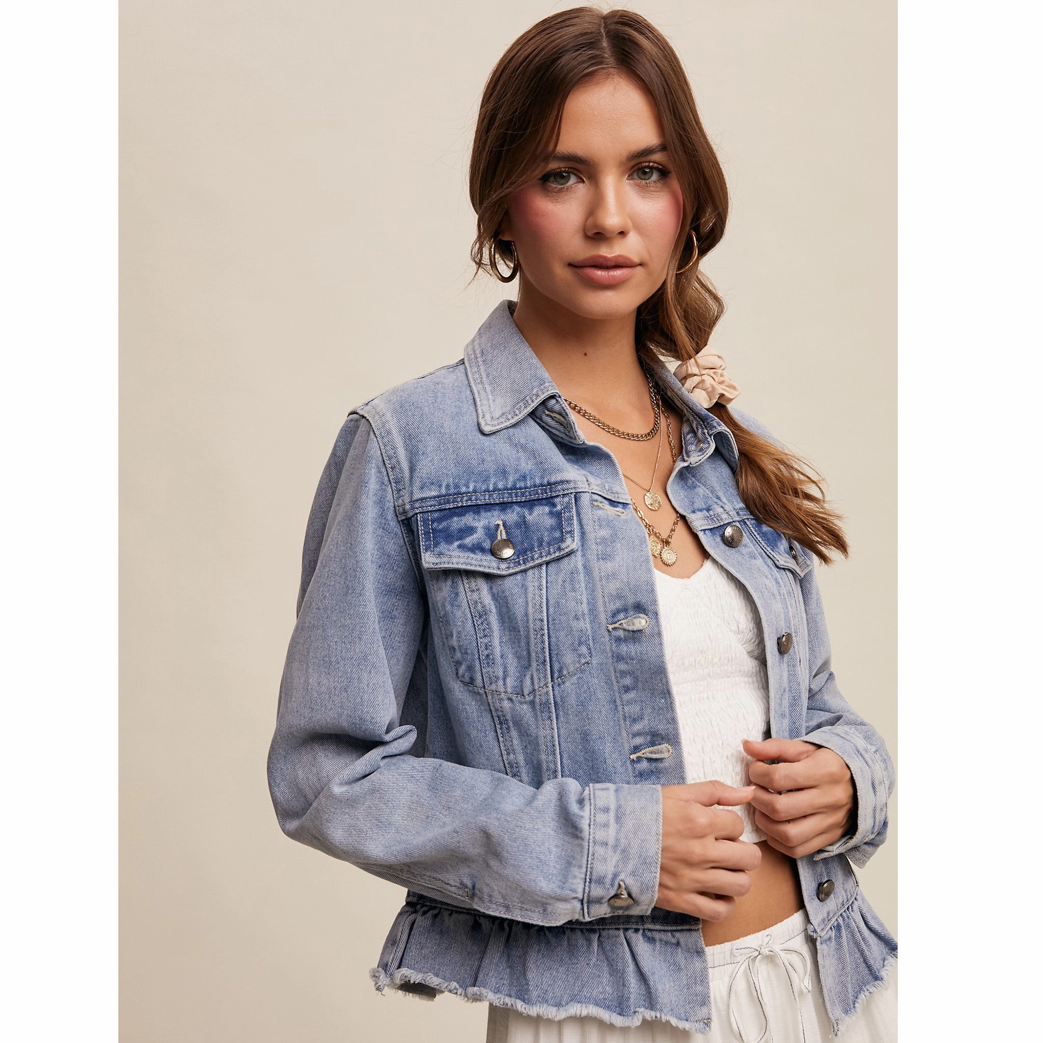 Women's Denim With Ruffle Hem Jacket ElasticWaistband QuickDryMaterial