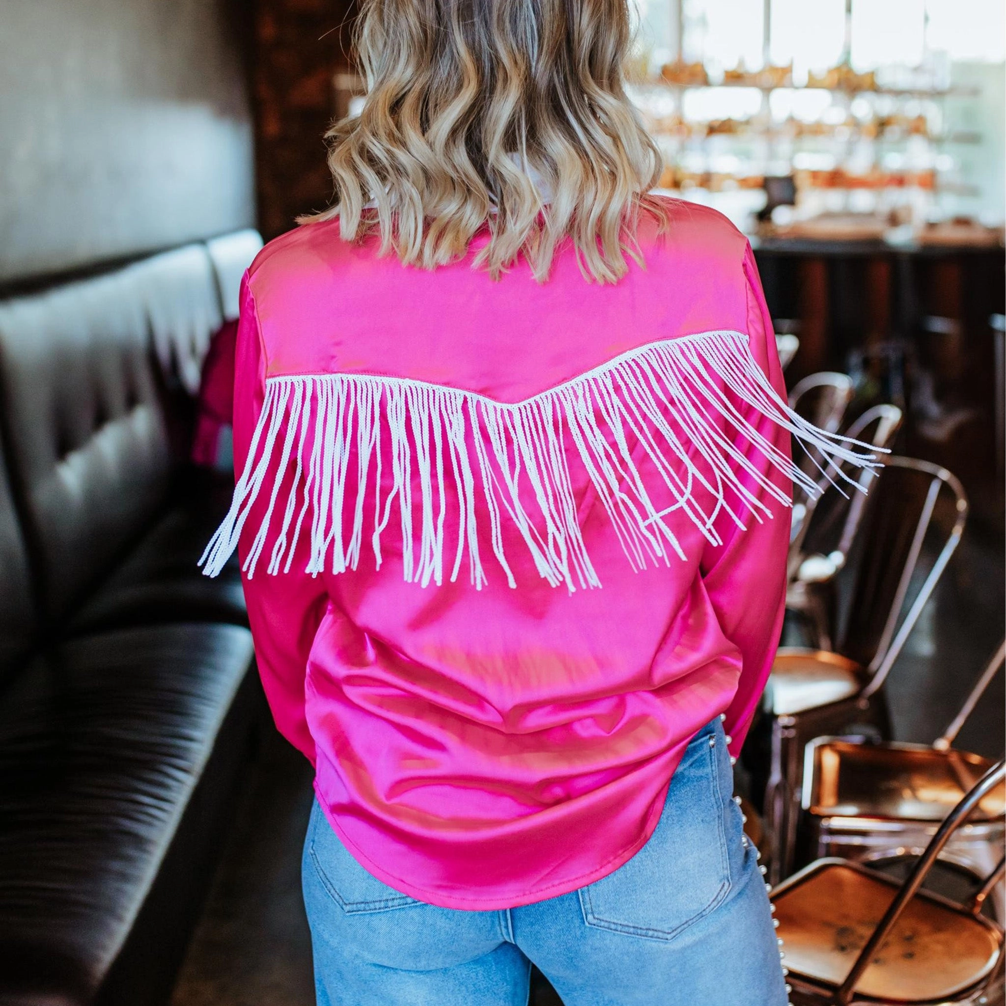 Fashion Blouse HighDensityFoam Women's Hot Pink Satin & Fringe Long Sleeve Shirt