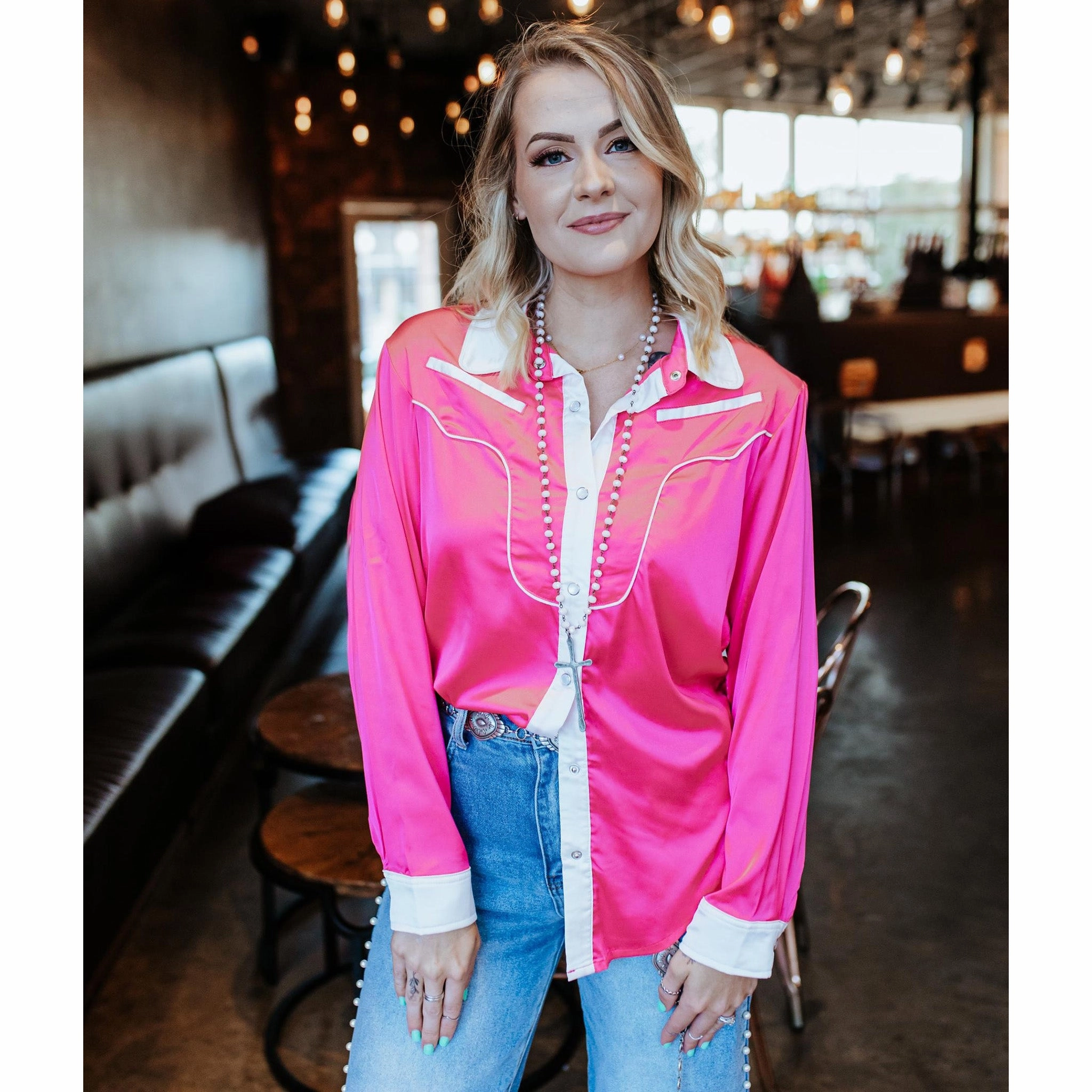 Women's Hot Pink Satin & Fringe Long Sleeve Shirt FlexibleCollar