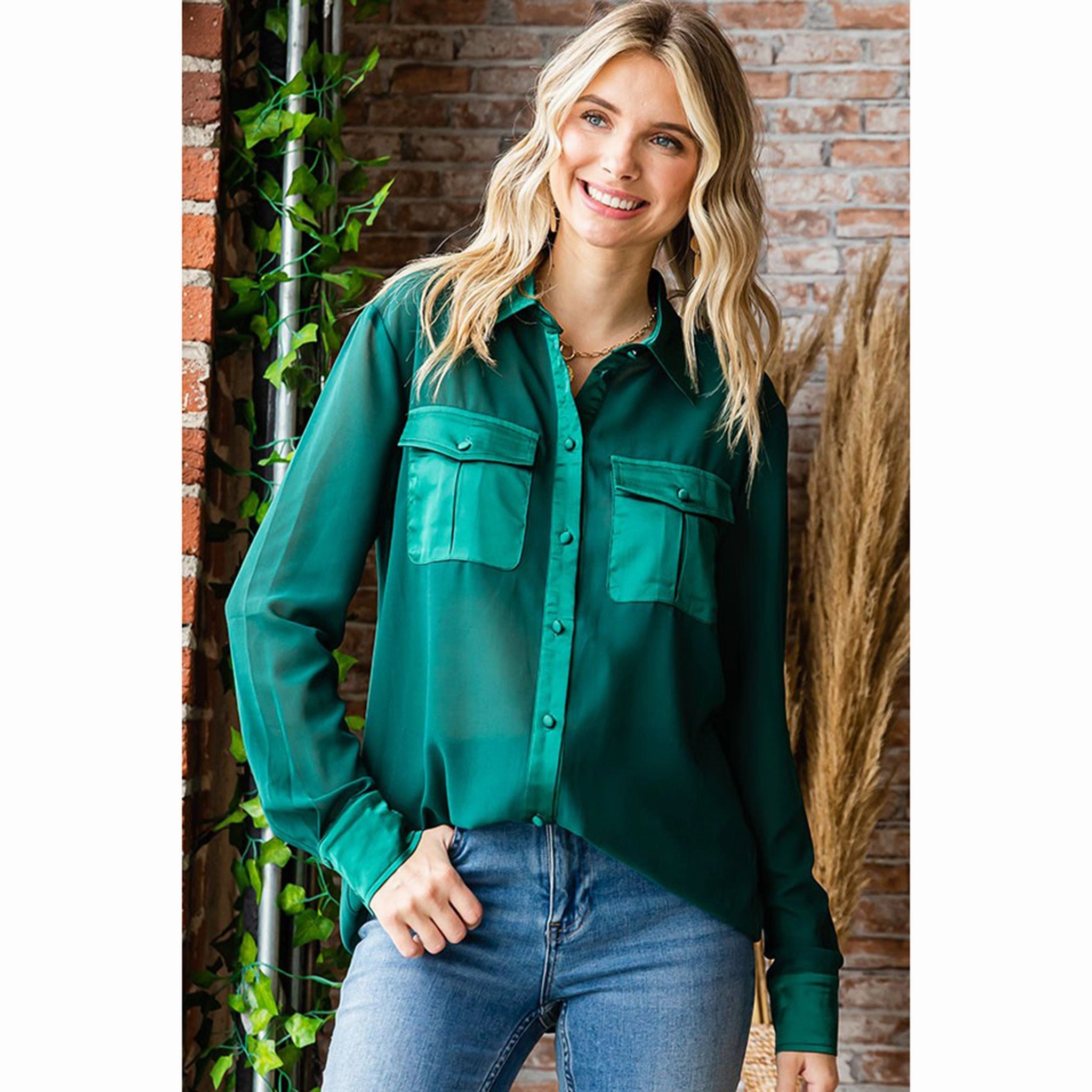 Adjustable Hem Women's Hunter Green Sheer Pocket Long Sleeve