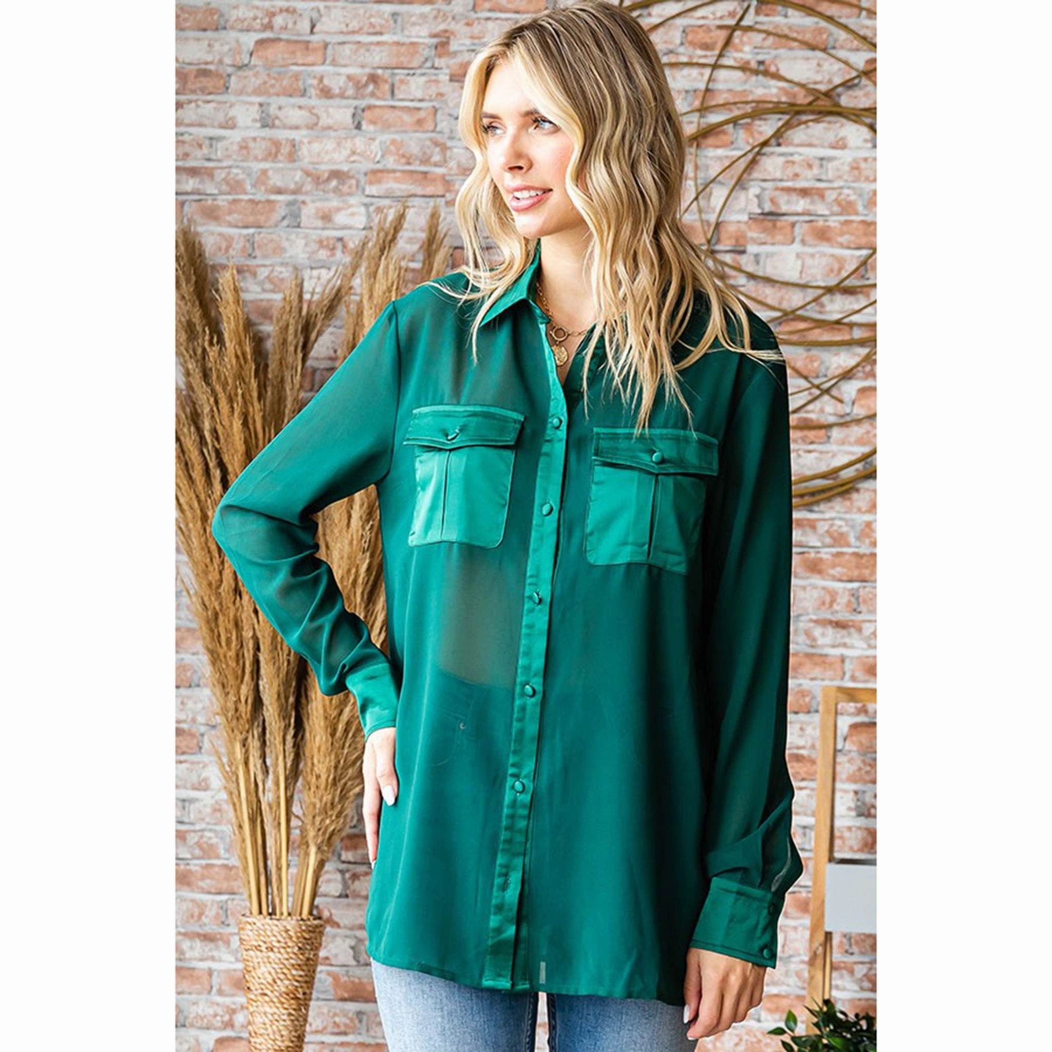 Women's Hunter Green Sheer Pocket Long Sleeve ElasticTrimming Active Wear