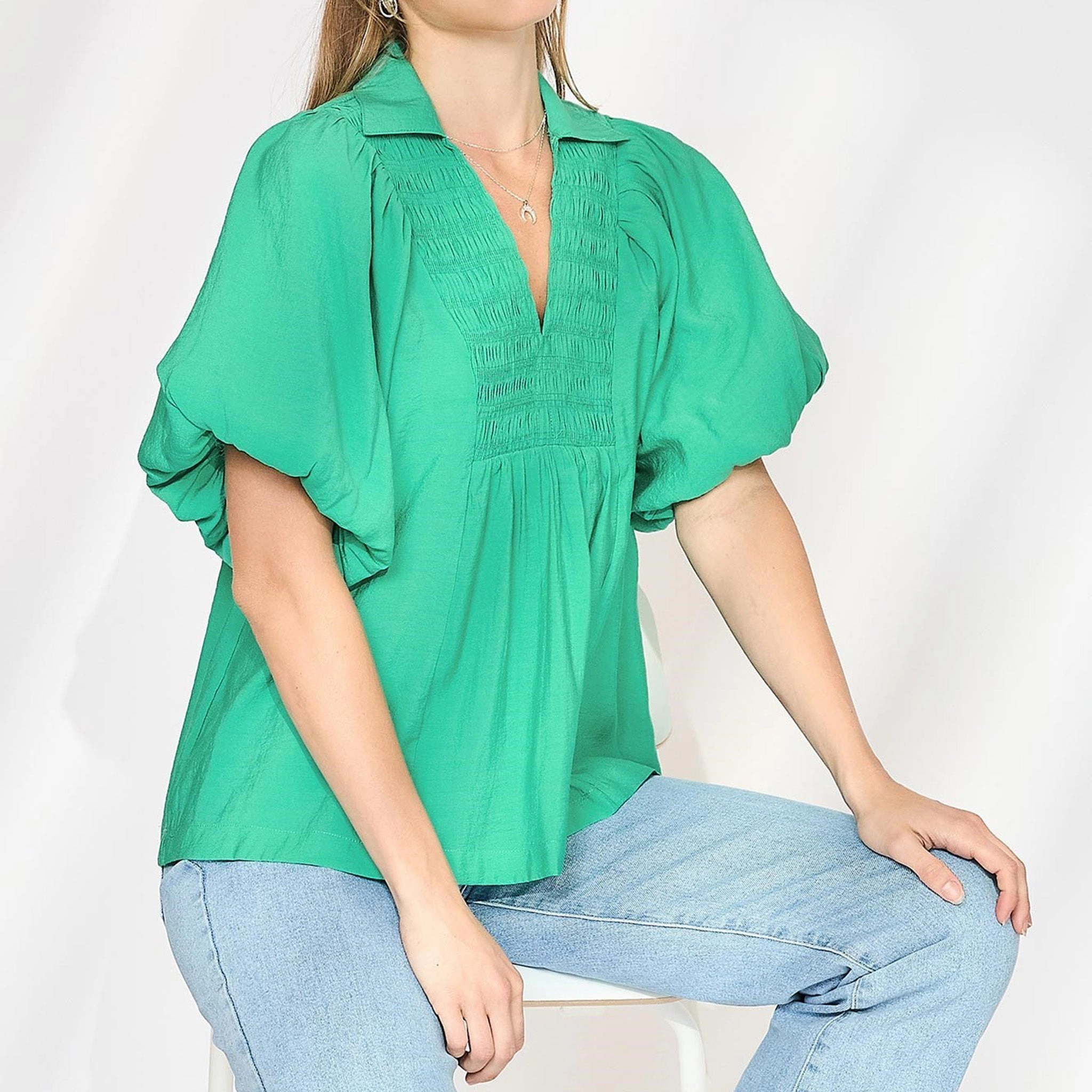 Roll Up Sleeve Design Women's Jade Colored Smocked Front Yoke Shirt