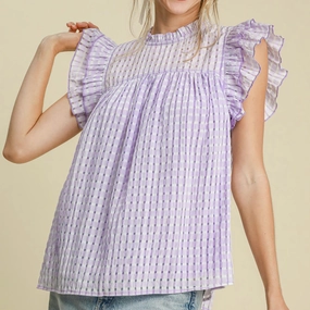 Stretch Material Women's Lavander Checked Ruffle Short Sleeve