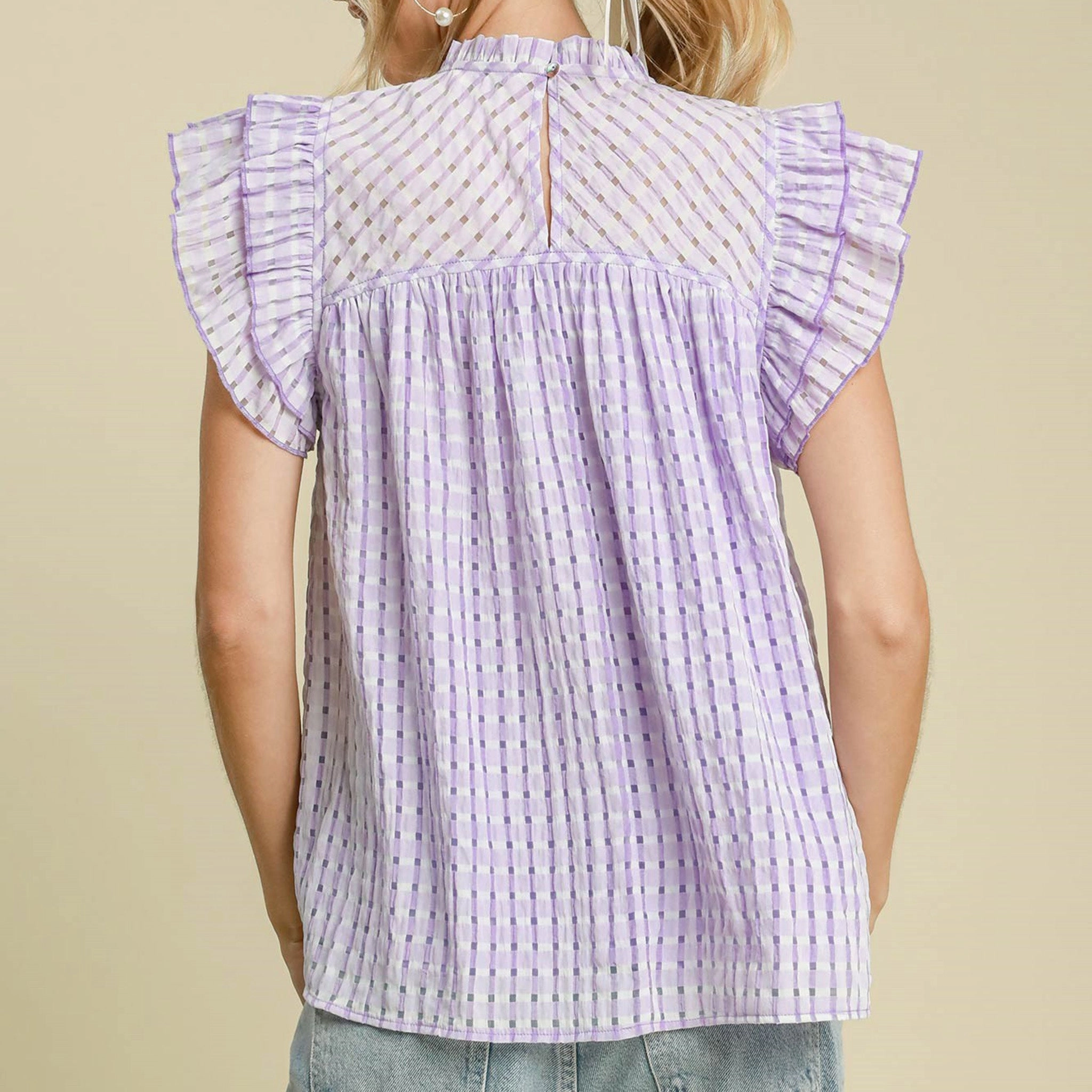 Women's Lavander Checked Ruffle Short Sleeve Fleece Pullover