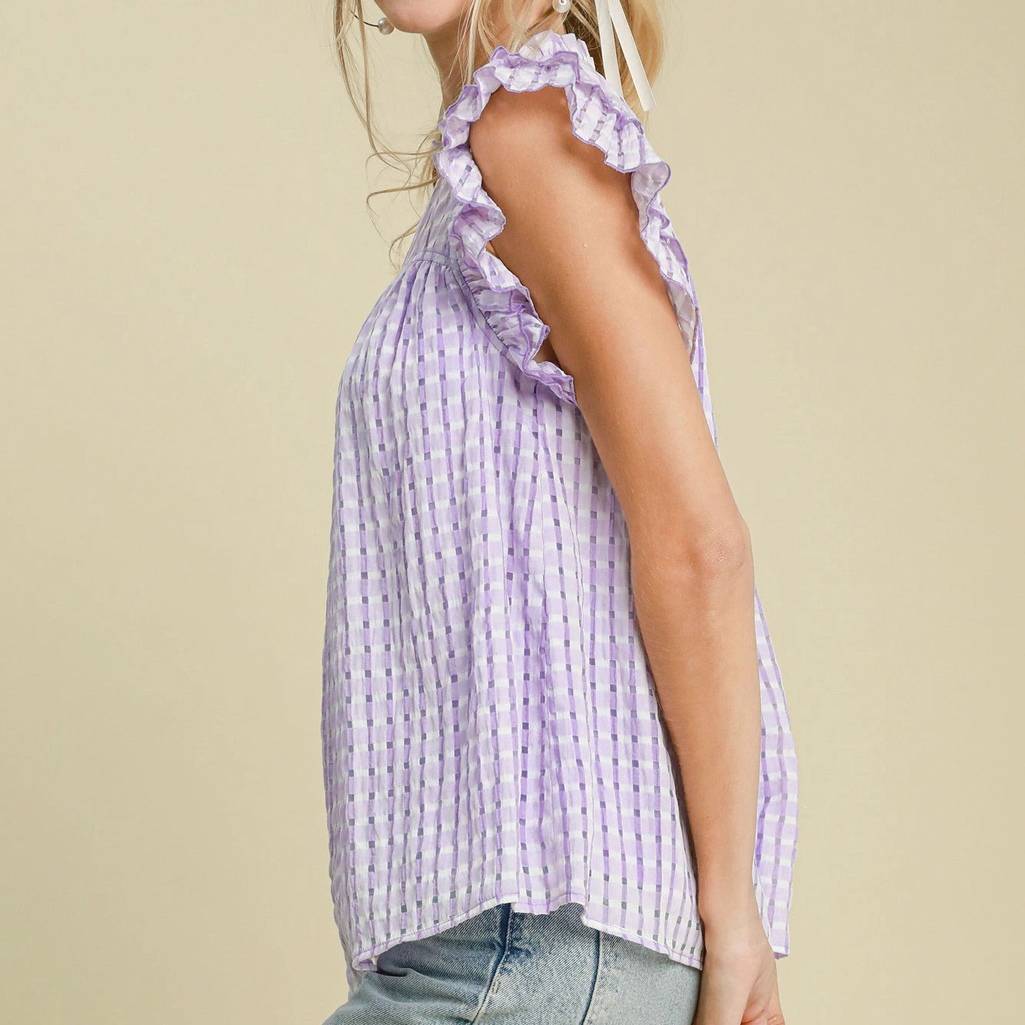 StainRepellentCoating SoftBrushed Women's Lavander Checked Ruffle Short Sleeve