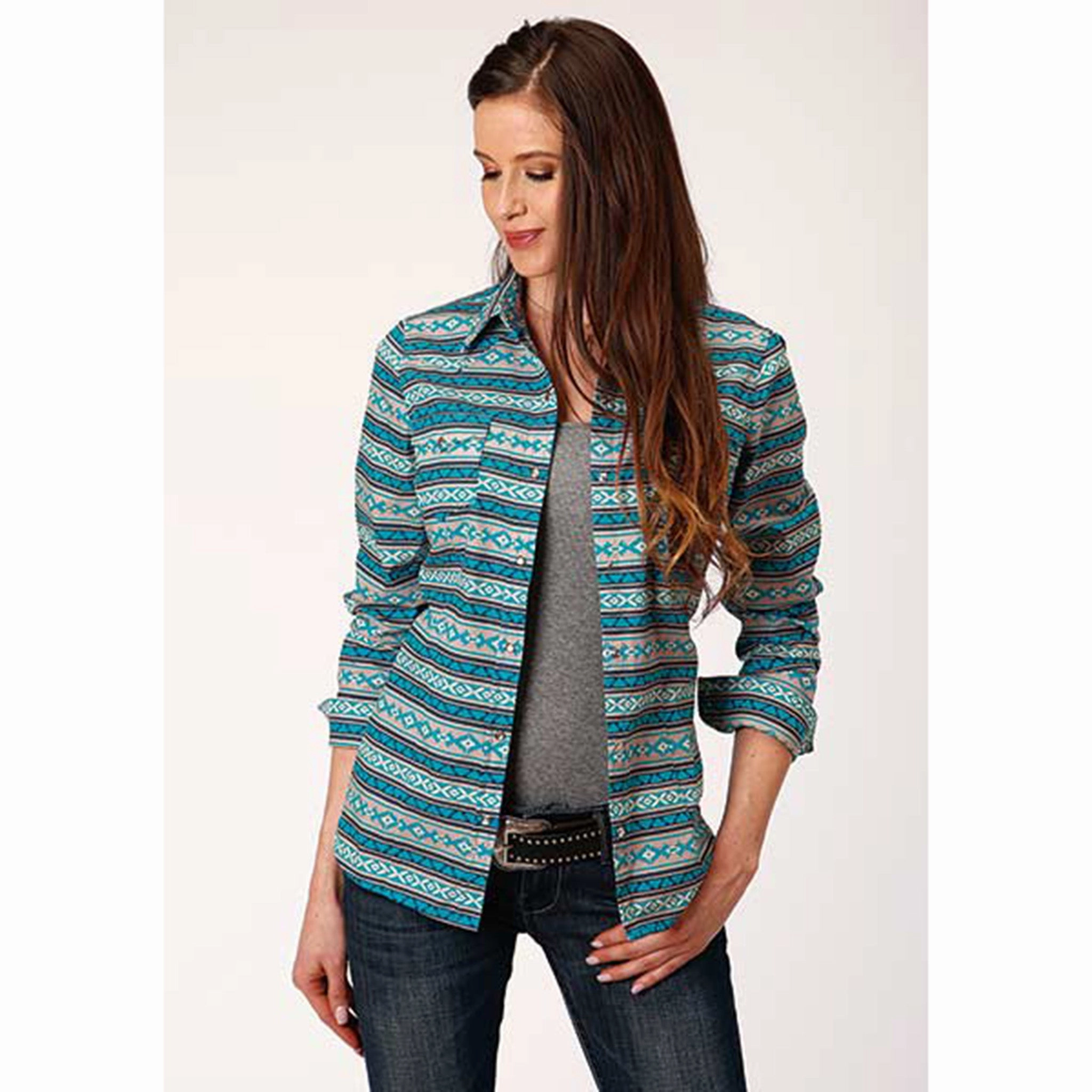 Reinforced Buttonholes Women's Long Sleeve Horizontal Aztec Print Shirt