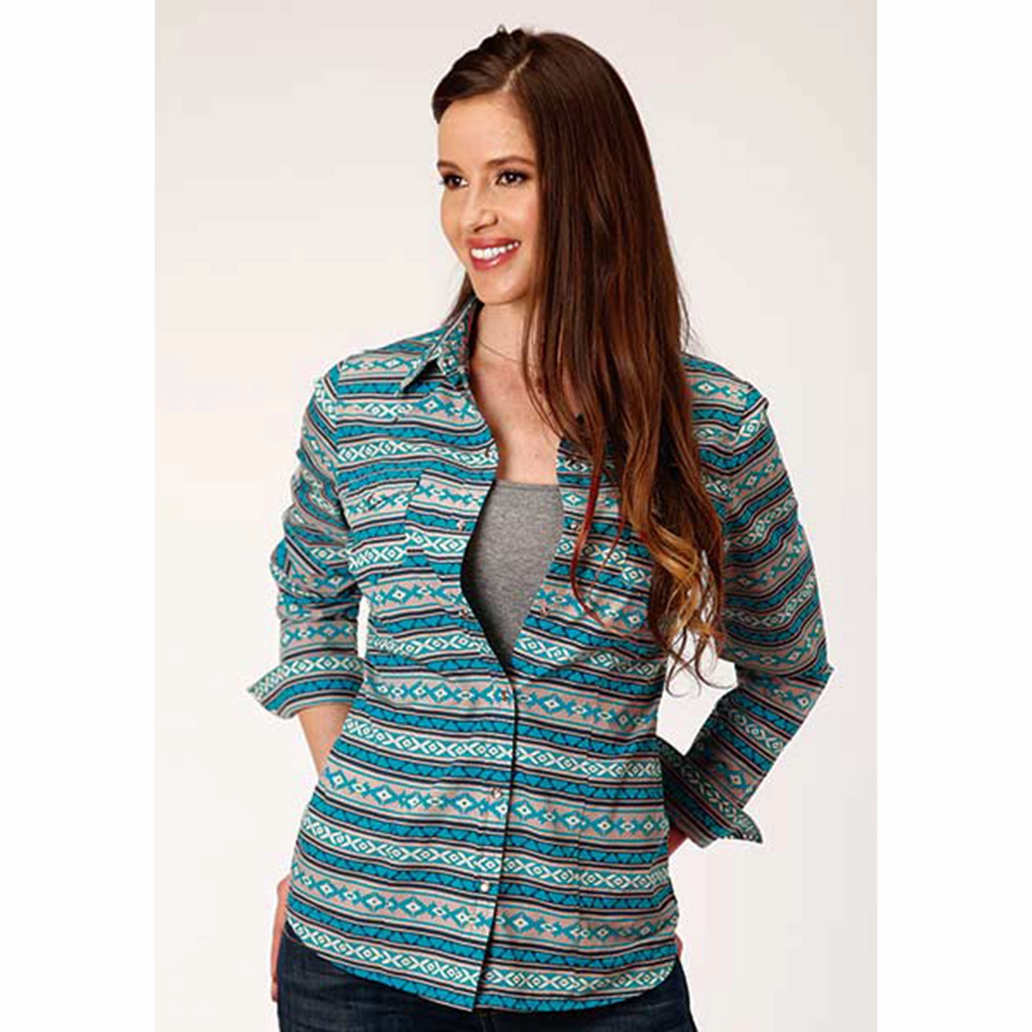 Women's Long Sleeve Horizontal Aztec Print Shirt HighNeckline