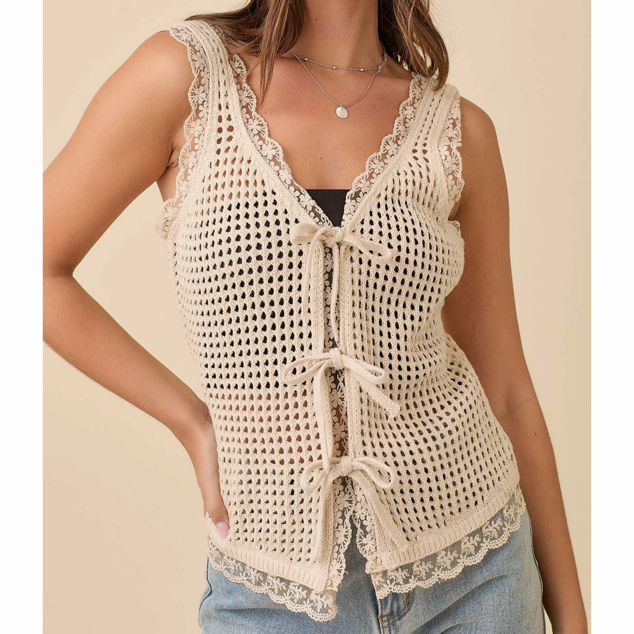 Autumn Ready Women's Natural Crochet Vest With Front Ties