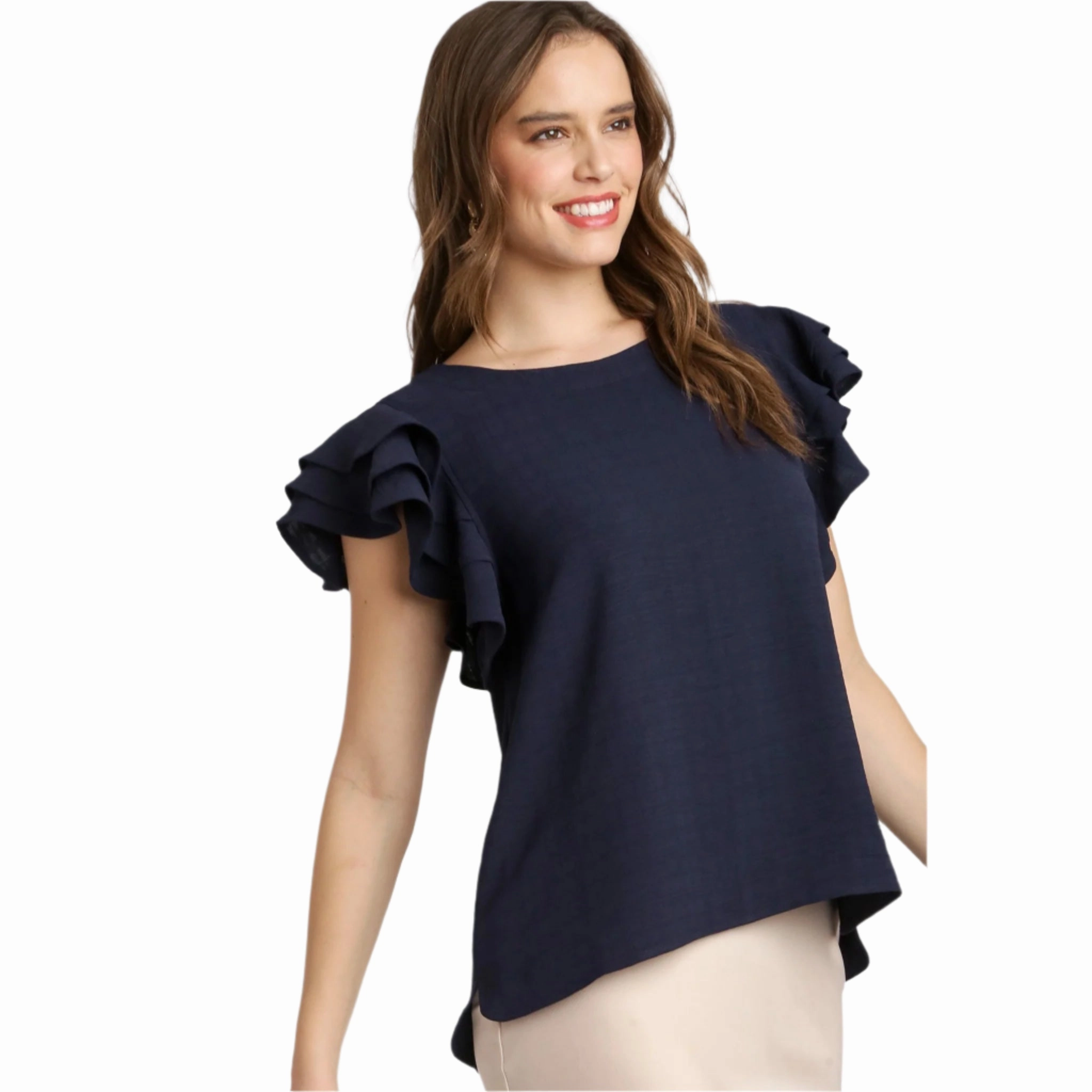 Women's Navy Layered Ruffle Short Sleeve Top BreathableMoistureBarrier Cozy Blouse
