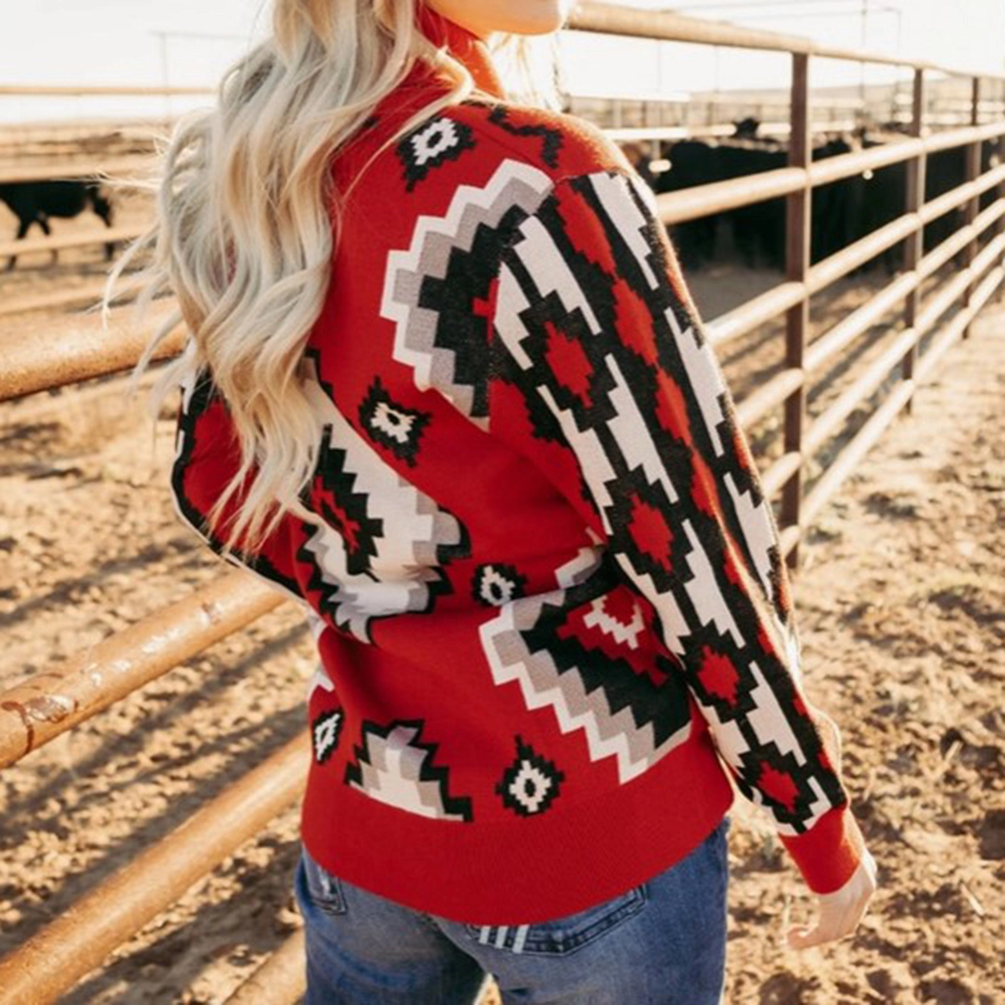 Tear Resistant Panels Women's Red/Black and White Aztec Button Sweater
