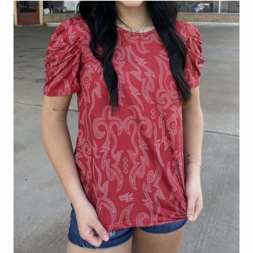 Women's Red Boot Stitch Puff Short Sleeve Top standard fit