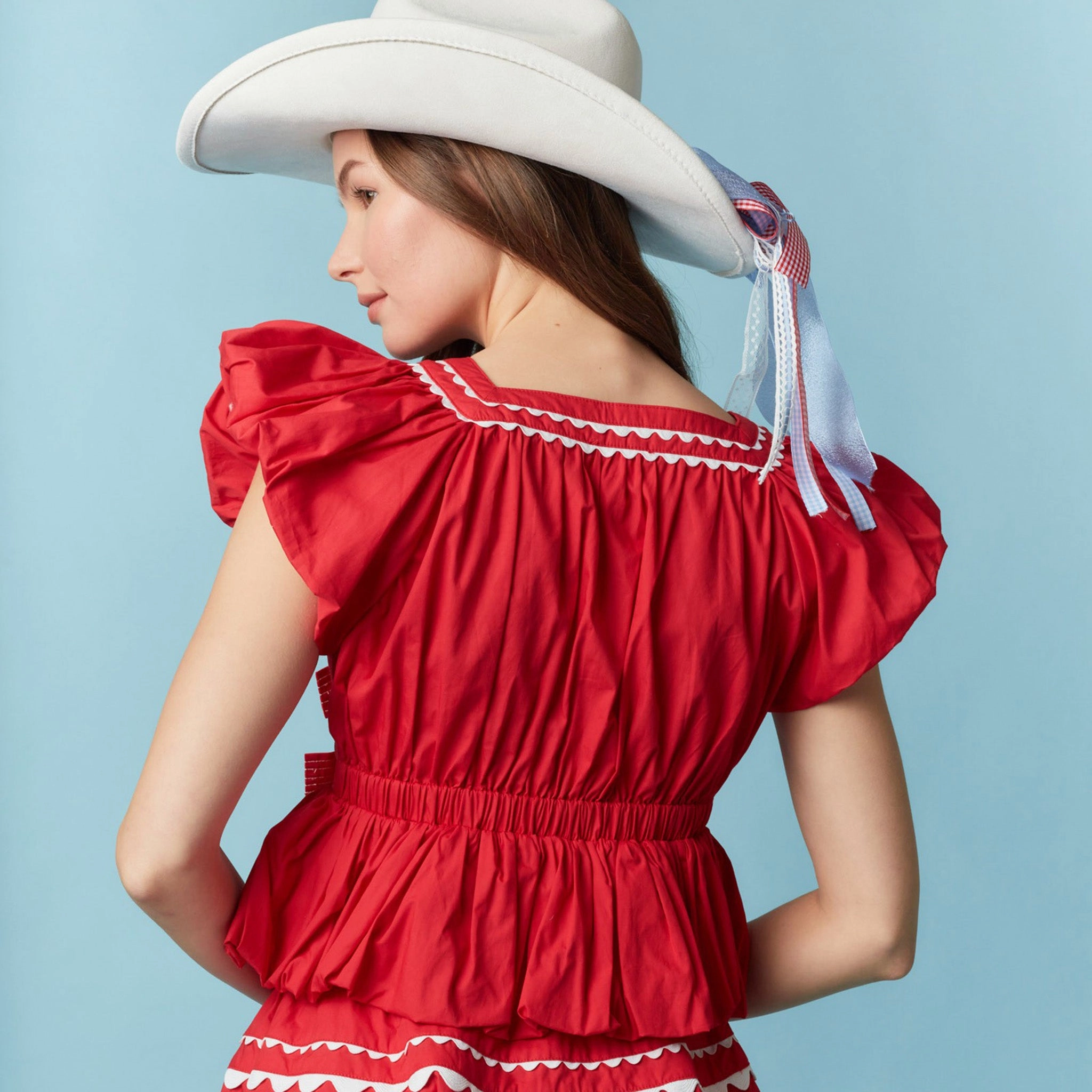 Torsion Support Structure Women's Red Ric Rac Bow Bubble Short Sleeve