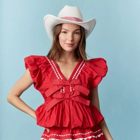 Durable Reinforced Shoulders Loose Sweater Women's Red Ric Rac Bow Bubble Short Sleeve