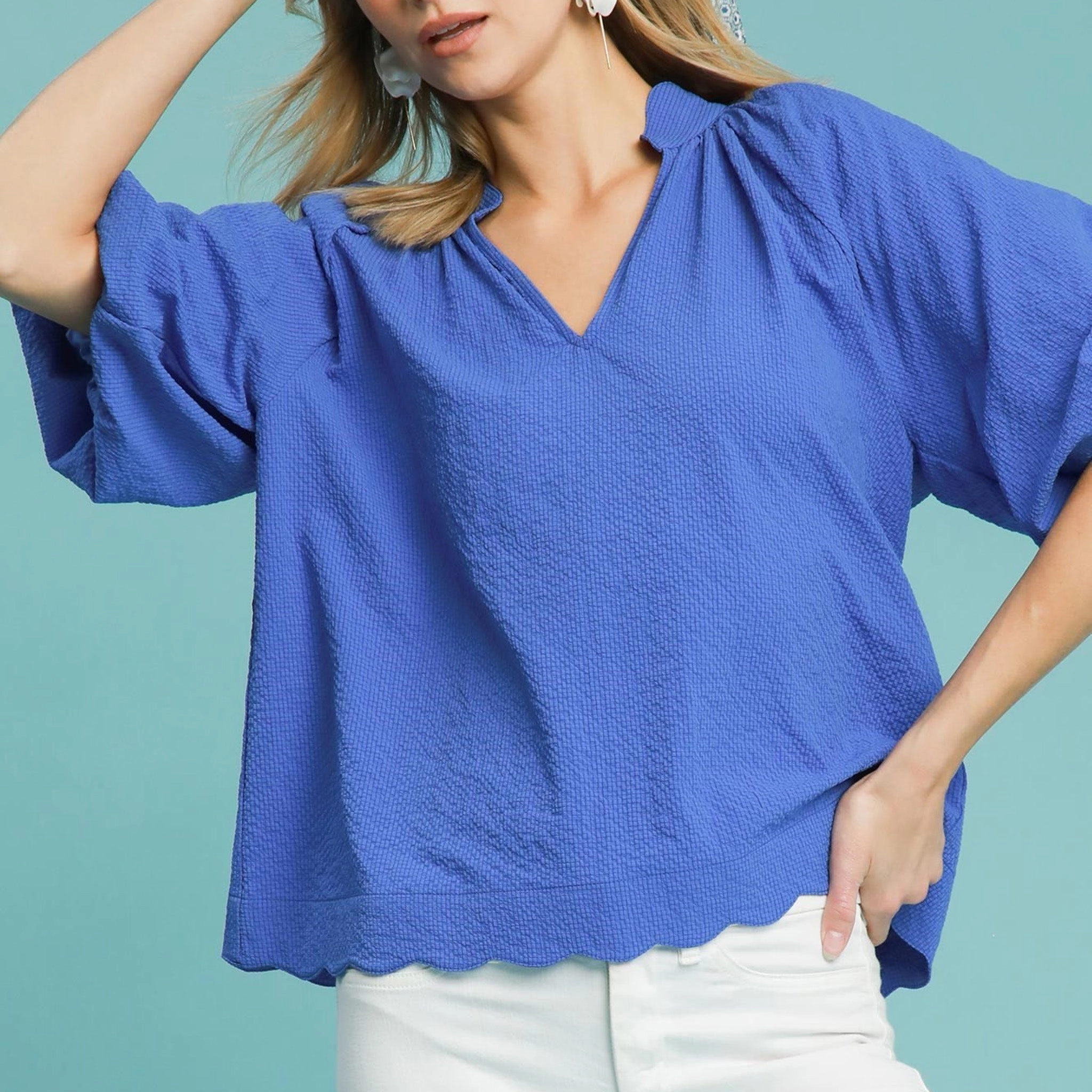 Durable Fiber Blend Women's Solid Blue Shirt With Bubble Short Sleeves