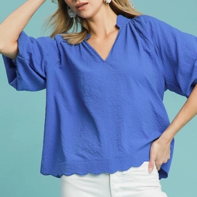 Snag Proof Weave Women's Solid Blue Shirt With Bubble Short Sleeves