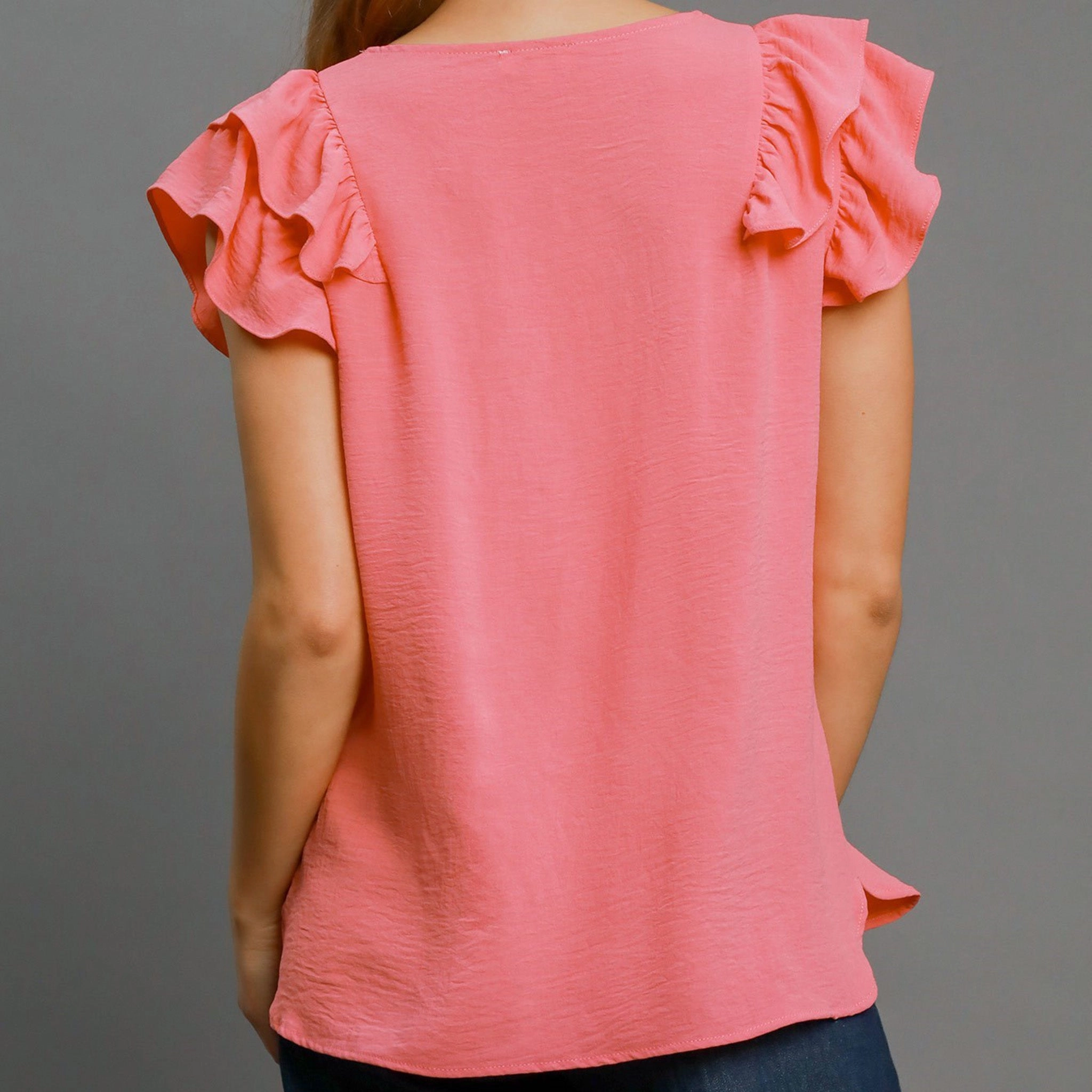Women's Solid Coral Pink Flutter Short Sleeve Roll Up Sleeve Design