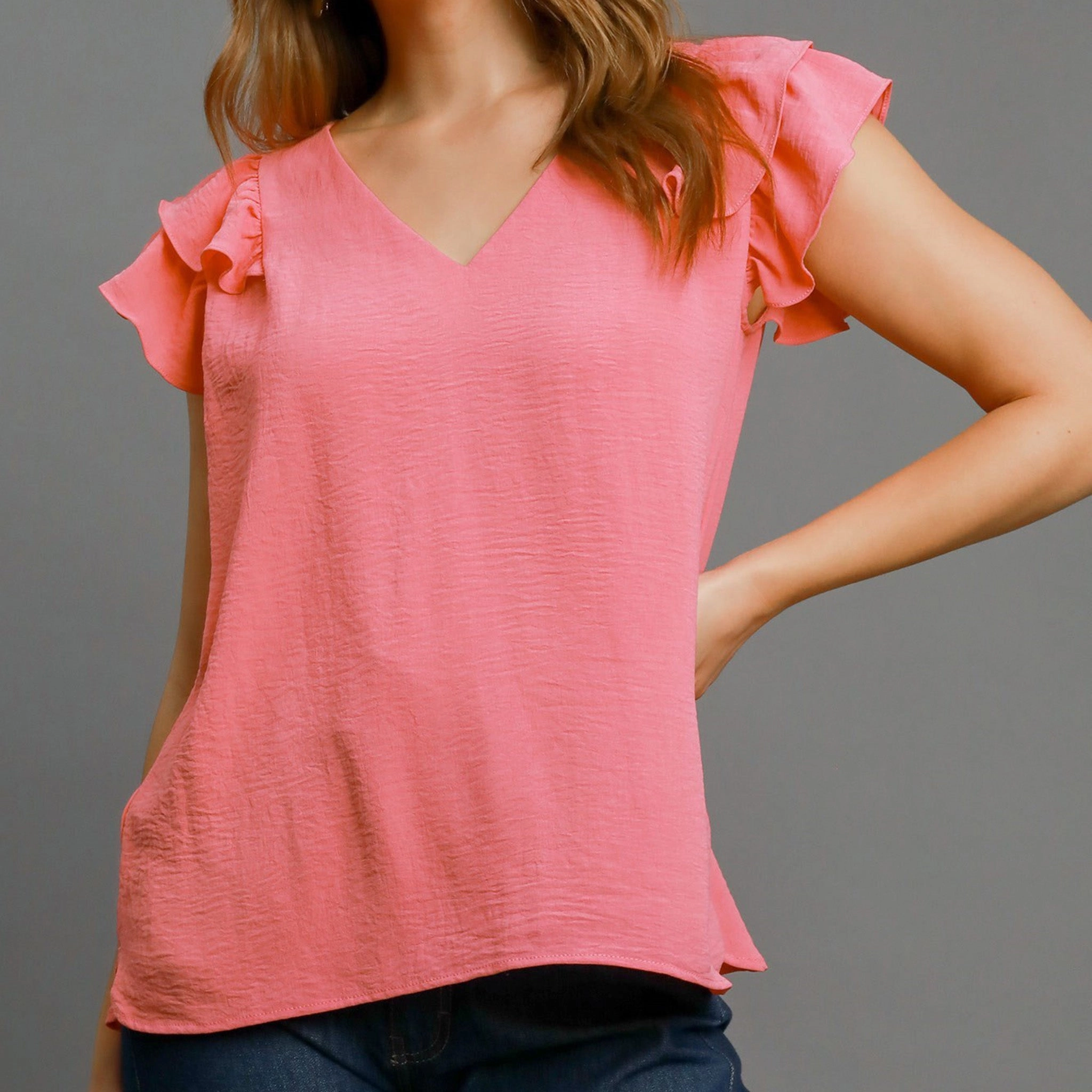Durable Reinforced Shoulders Women's Solid Coral Pink Flutter Short Sleeve