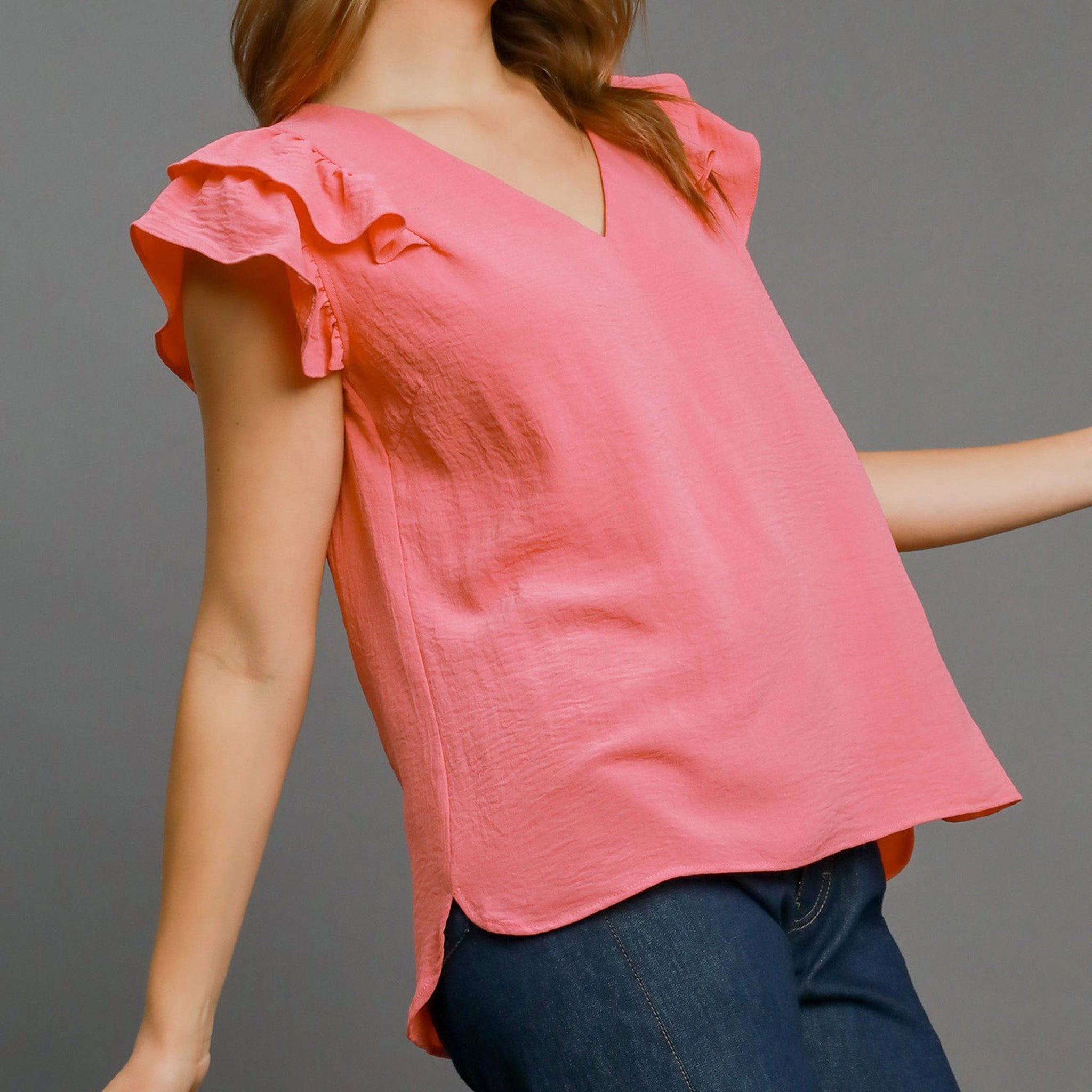 Women's Solid Coral Pink Flutter Short Sleeve Anti Pill Finish Casual Tee