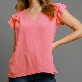 Durable Reinforced Shoulders Women's Solid Coral Pink Flutter Short Sleeve