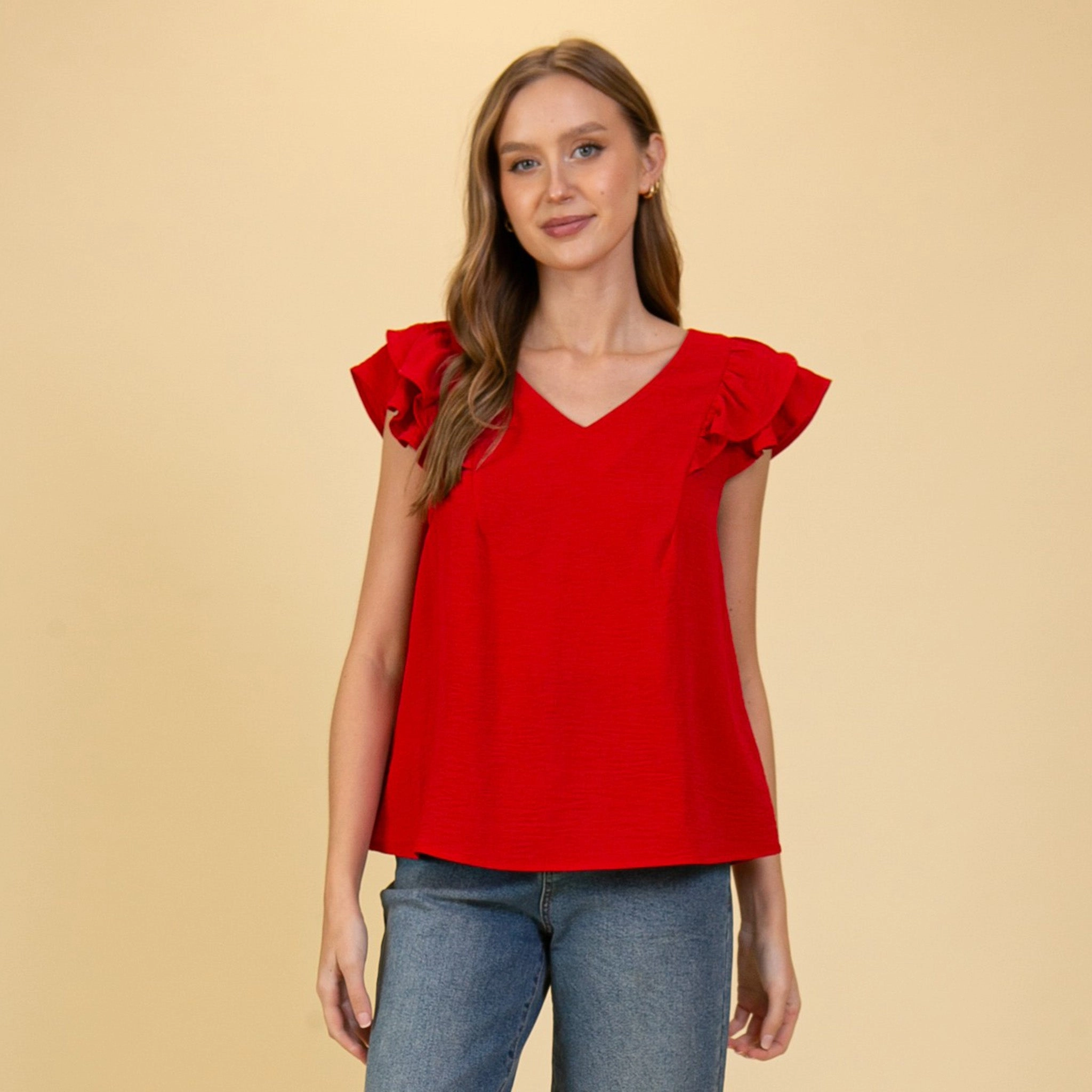LongWearingComfort AdjustableClosure Women's Solid Red With Ruffled Short Sleeves