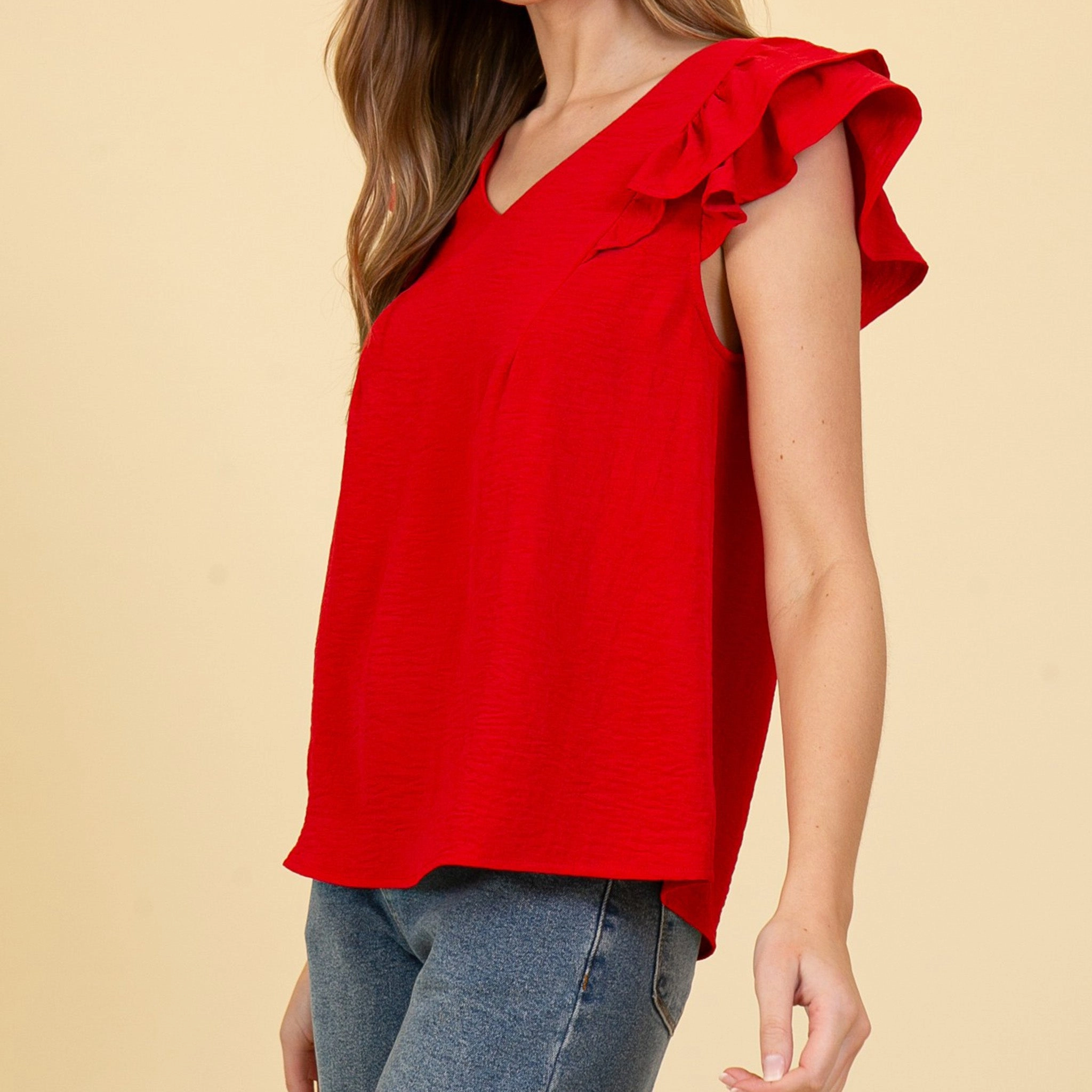 Structured Shoulder UV Protection Enhanced Women's Solid Red With Ruffled Short Sleeves
