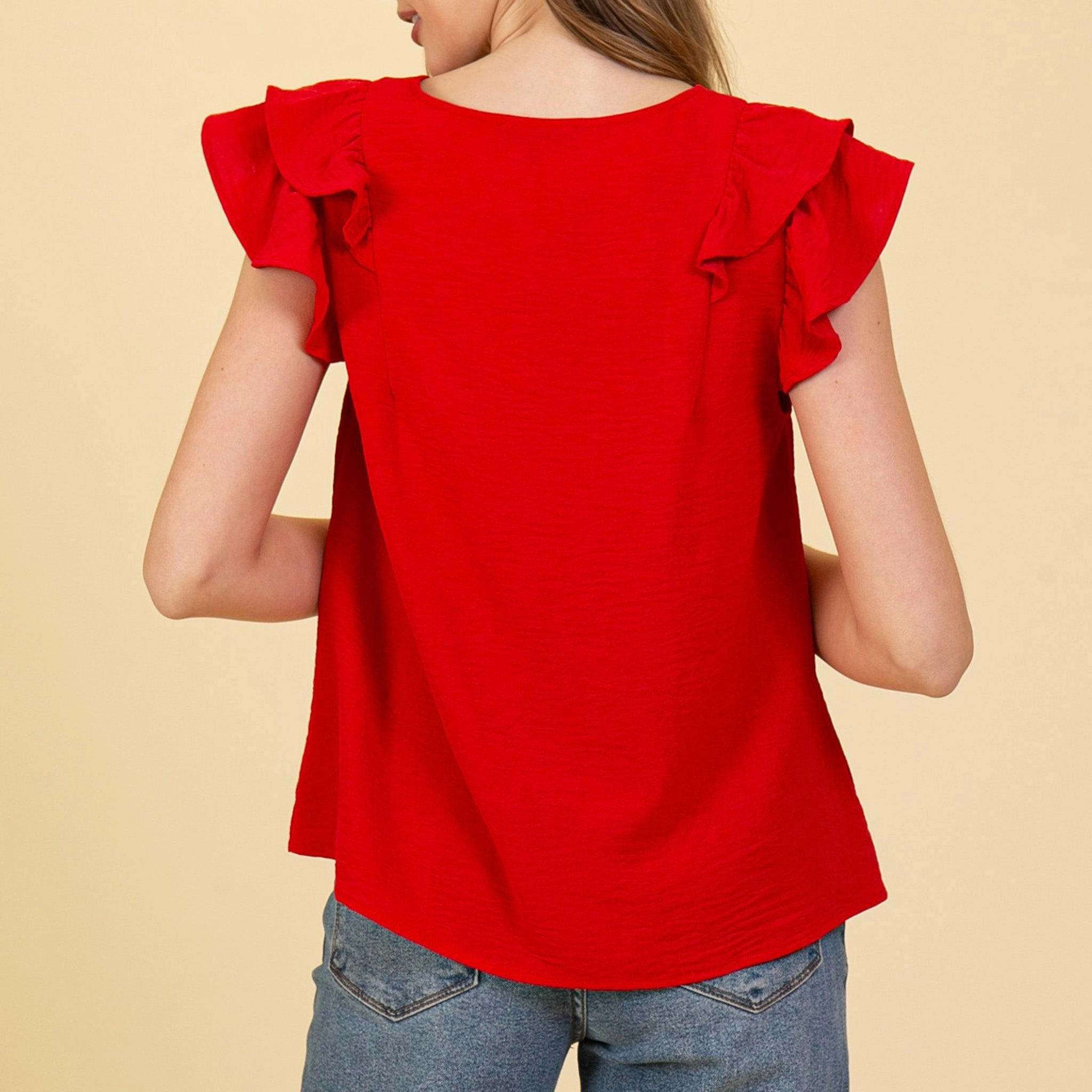 Women's Solid Red With Ruffled Short Sleeves TaglessComfort VentilatedArmholes