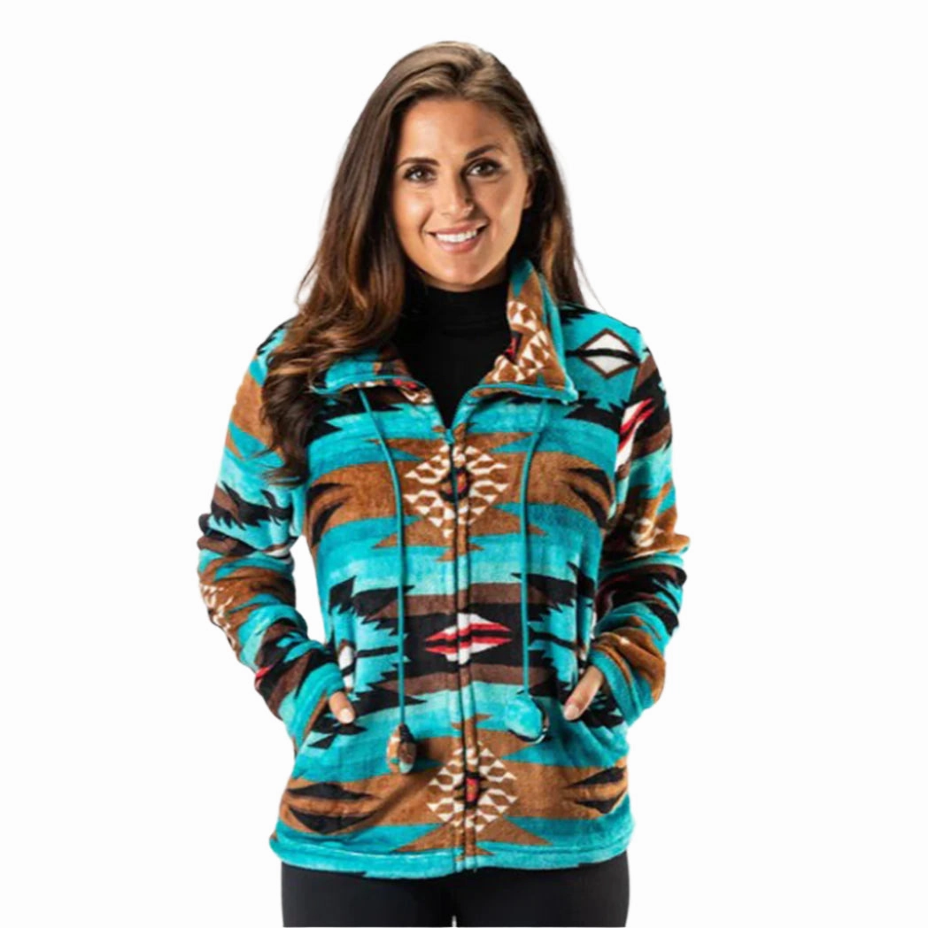 Women's Teal & Brown Aztec Fleece Jacket Mesh Venting