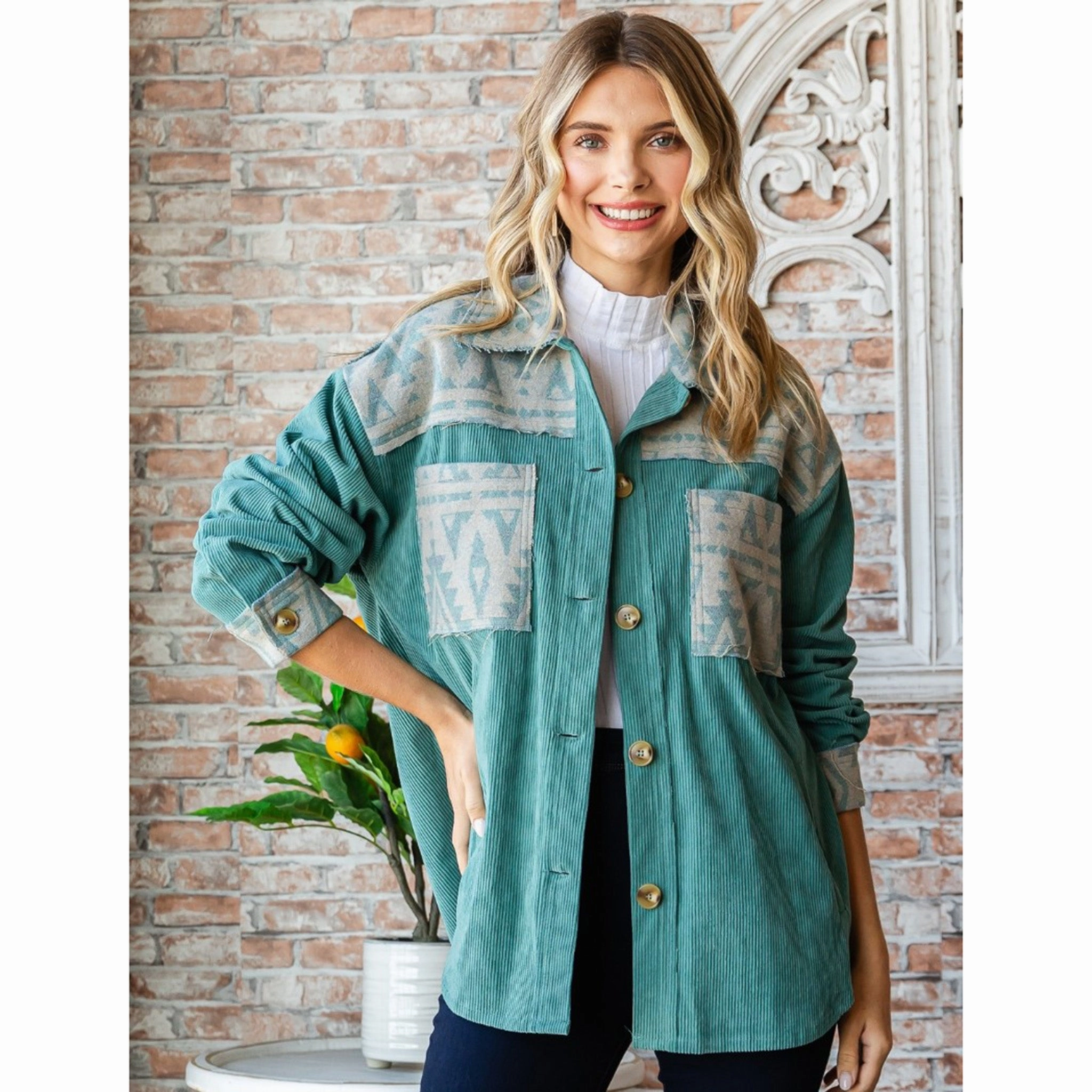 Weatherproof Zipper Closure RipResistant Reinforcement Women's Teal Corduroy Aztec Shacket