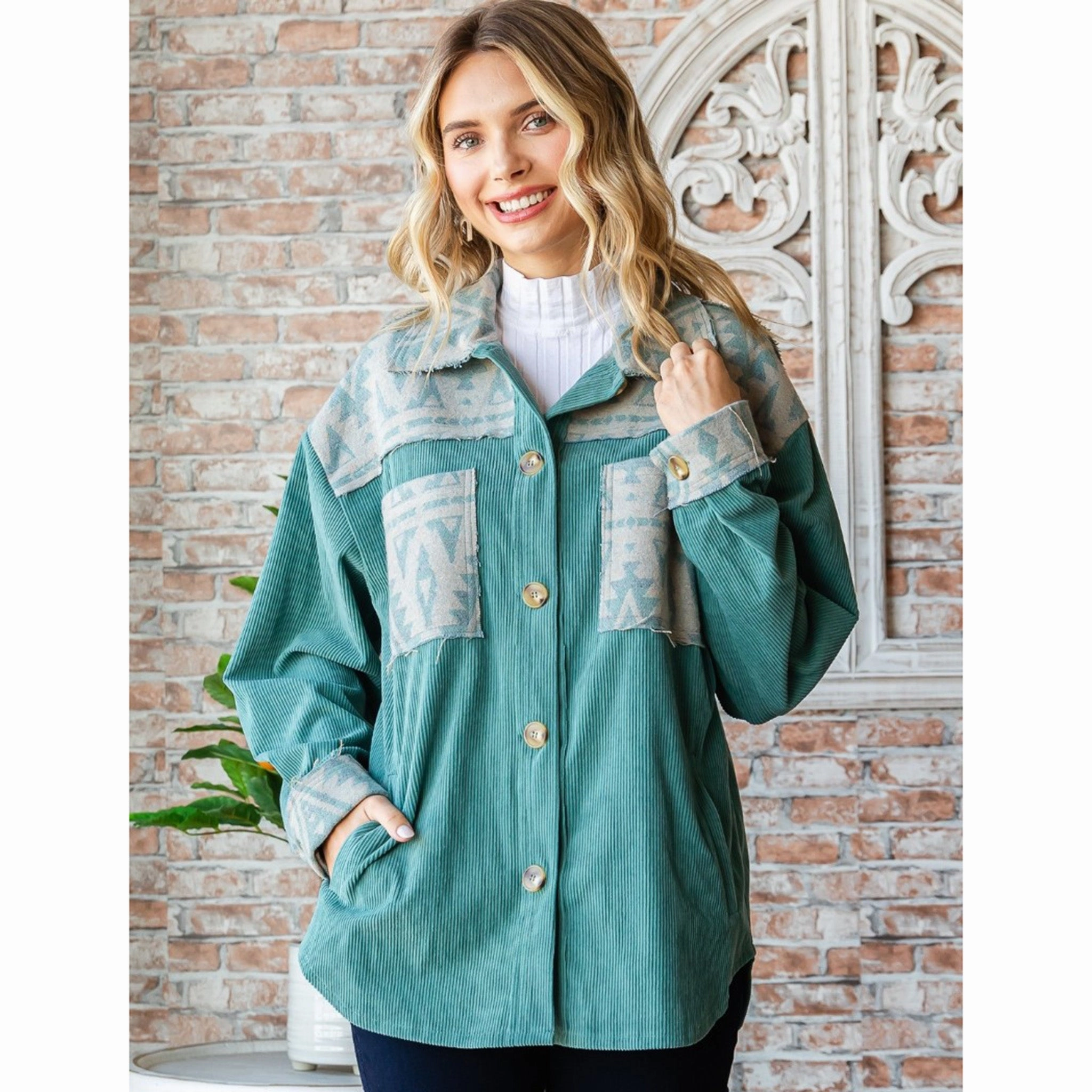Women's Teal Corduroy Aztec Shacket Button Closure