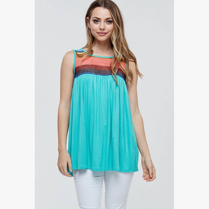 MidweightKnit Office Look Women's Turquoise and Multi Color Crochet Tank