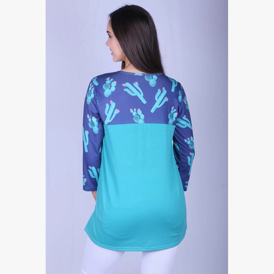Multi Panel Construction Women's Turquoise and Navy Cactus Shirt