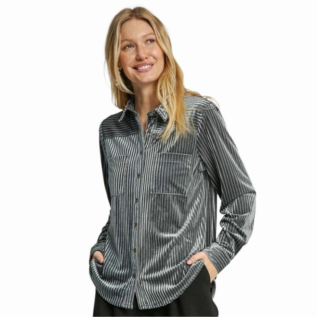 Women's Velvet Textured Button-Down Long Sleeve Shirt Ultrasoft Inner Lining