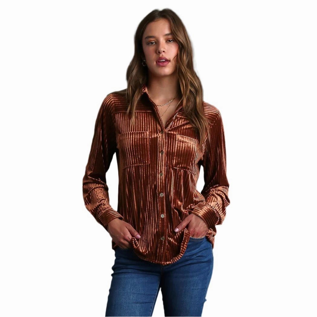 Women's Velvet Textured Button-Down Long Sleeve Shirt FadeResistantTechnology