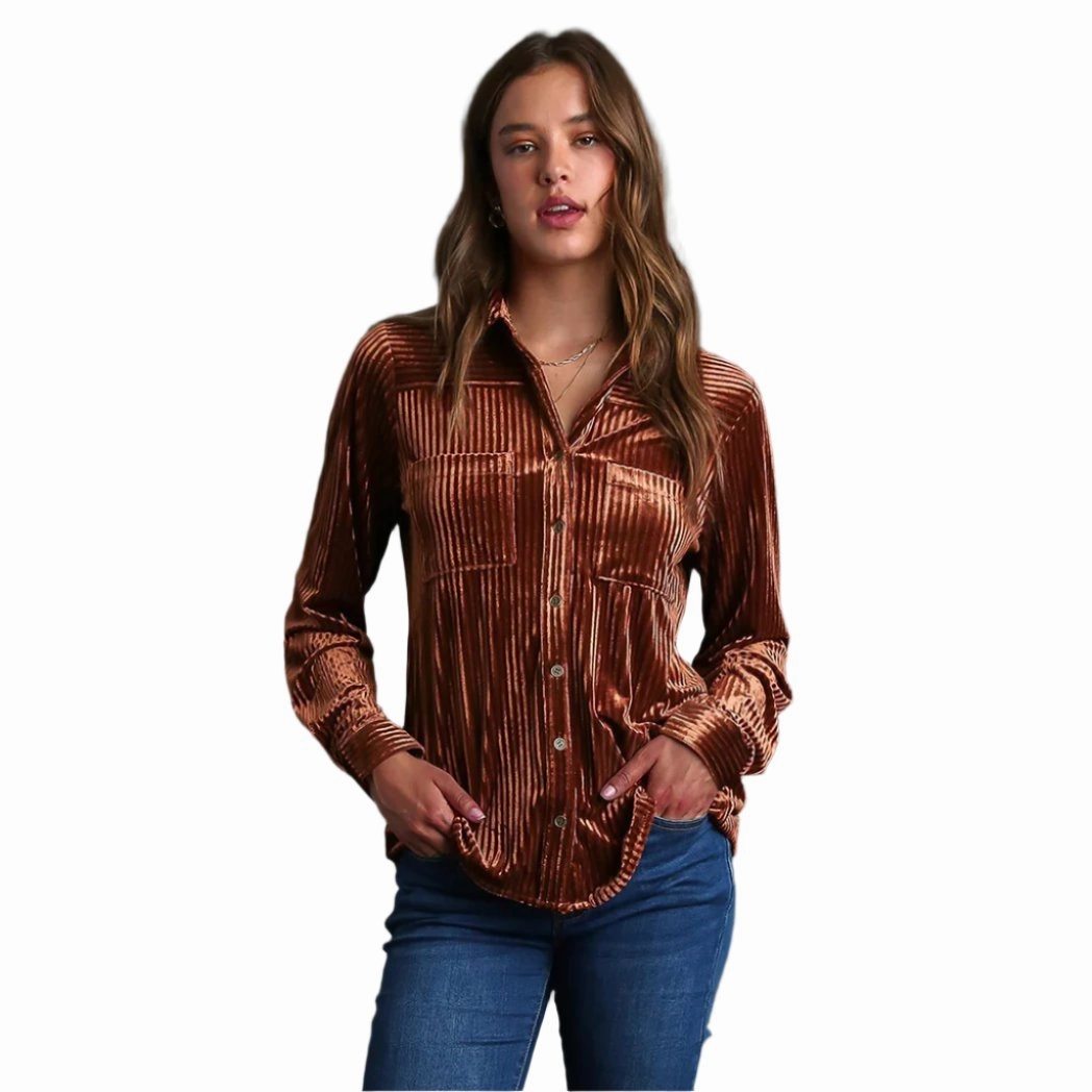 Women's Velvet Textured Button-Down Long Sleeve Shirt UV Protective Coating Tagless Comfort