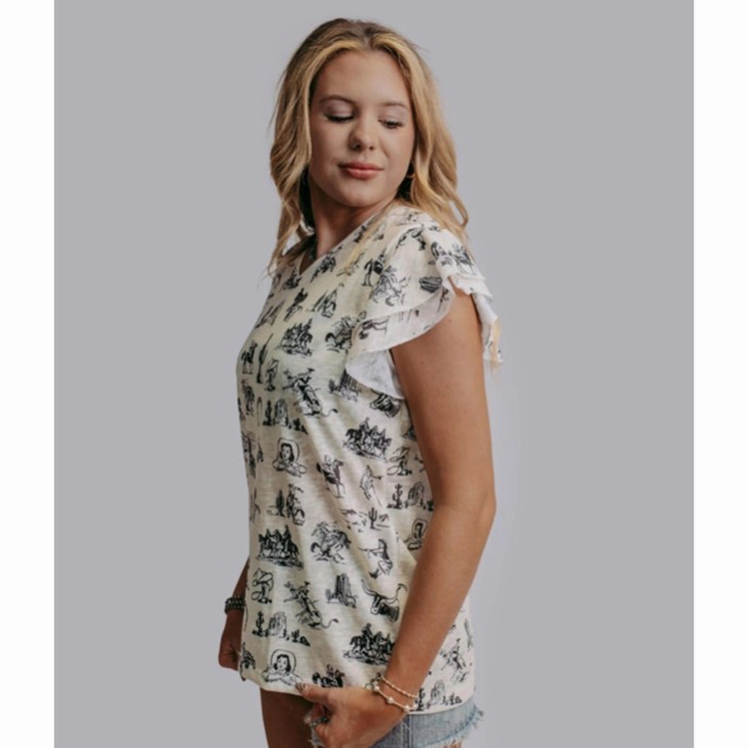 Light Deflection Fabric LayeringFriendly Weight Women's White & Tan Old West Ruffle Short Sleeve