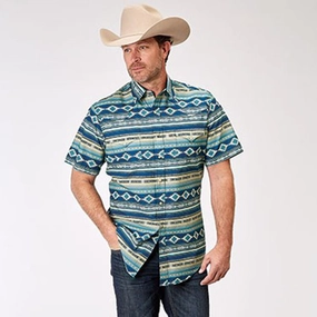 Smooth Zipper Design Easy Styling Roper Men's Blue Southwest Aztec Short Sleeve