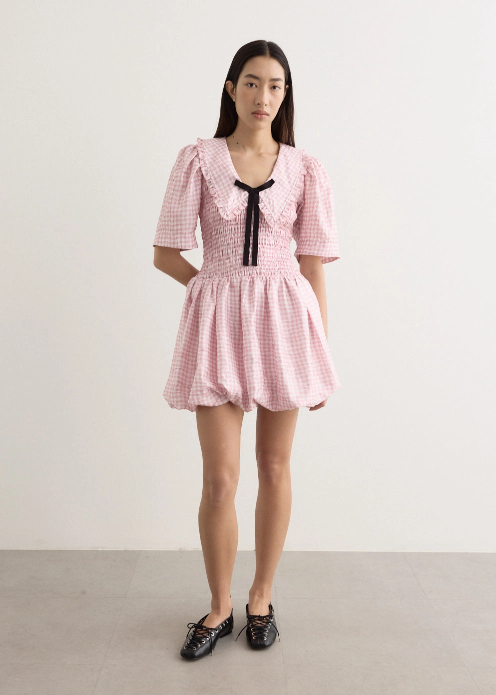 Snag-Resistant Sleek Layer Shibori Pleat Mini Smock Bubble Dress