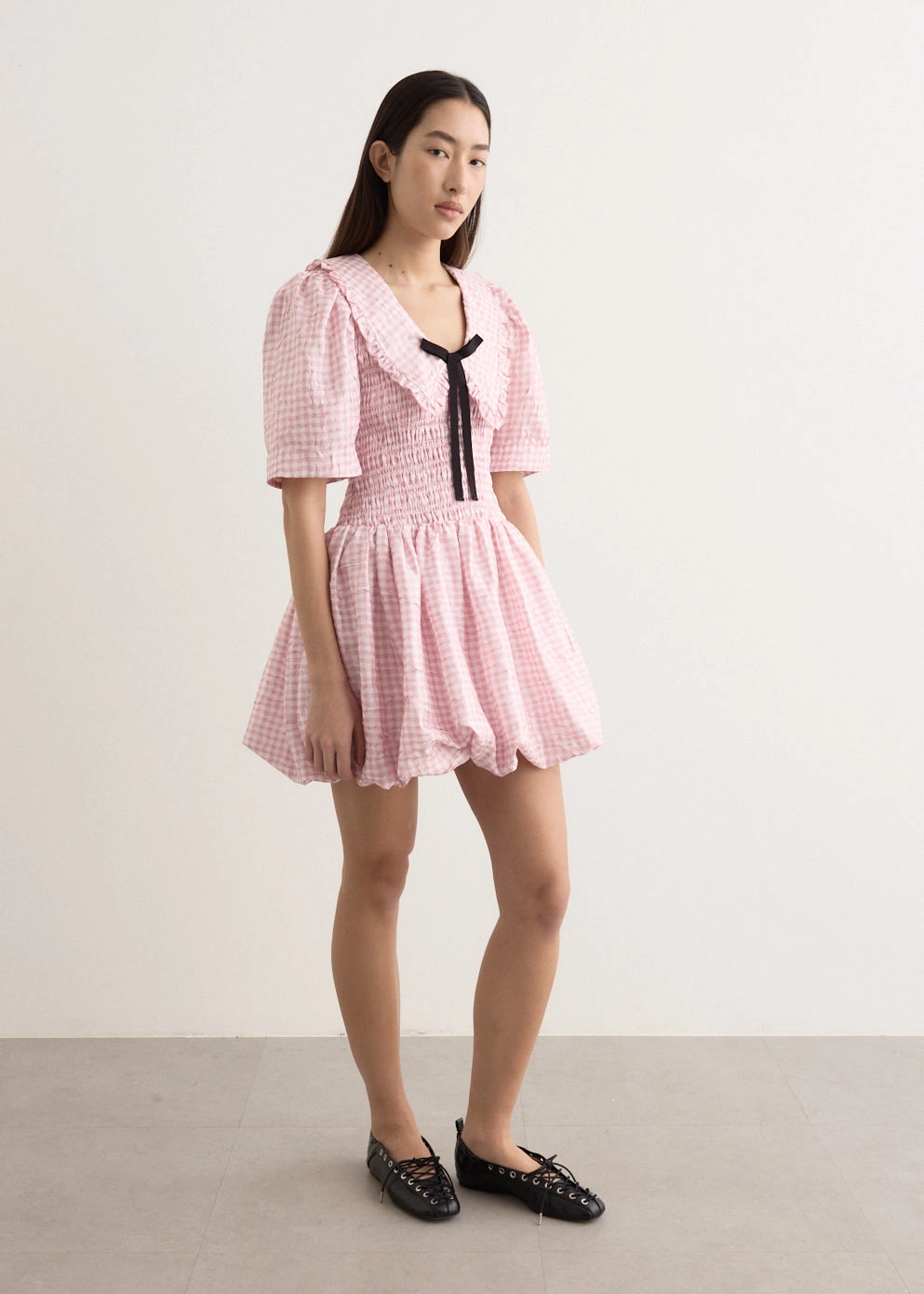 Shibori Pleat Mini Smock Bubble Dress Delicate Lines Button-Cuff