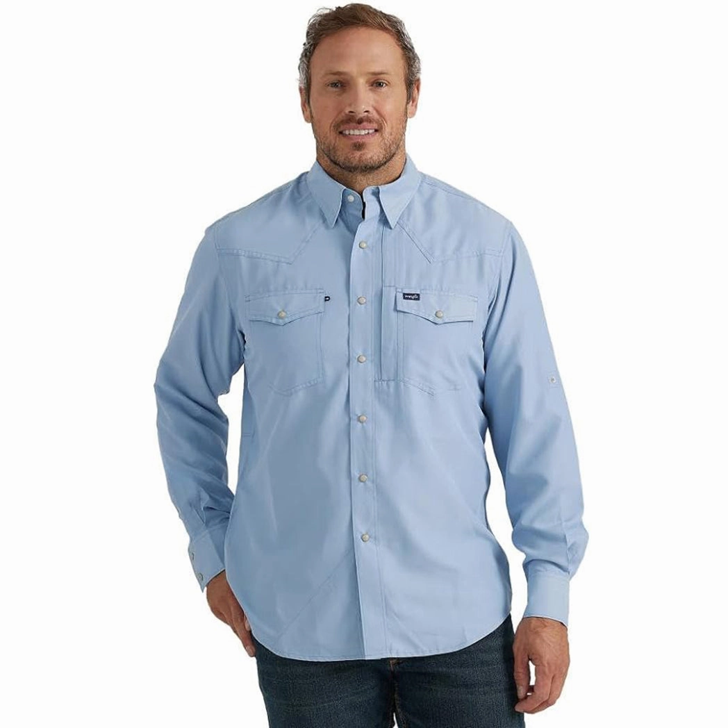 Non-Iron Floral Motif Wrangler Men's Performance Long Sleeve in Neutral Blue