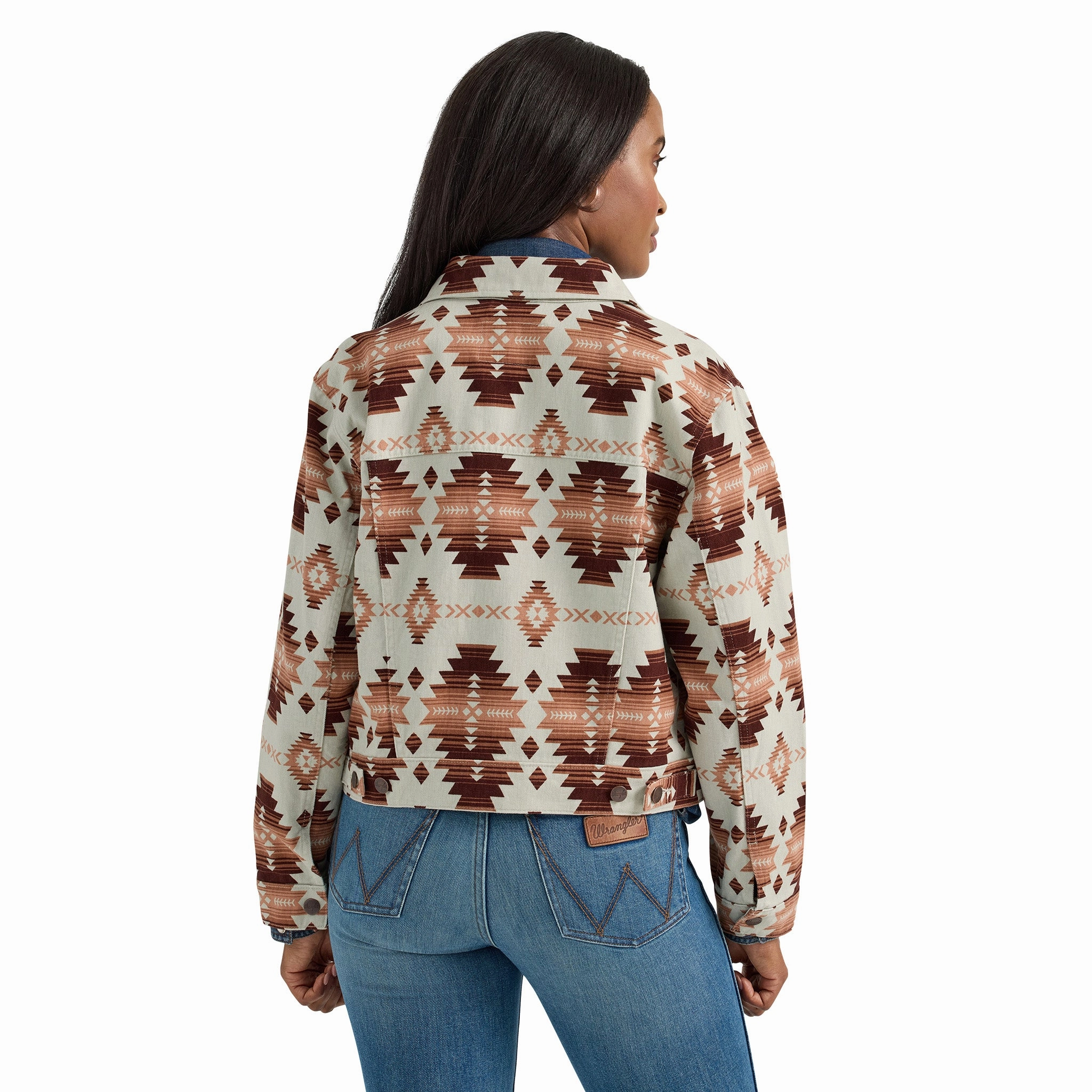 Adventure Day Look Wrangler Cream and Rust Aztec Crop Jacket