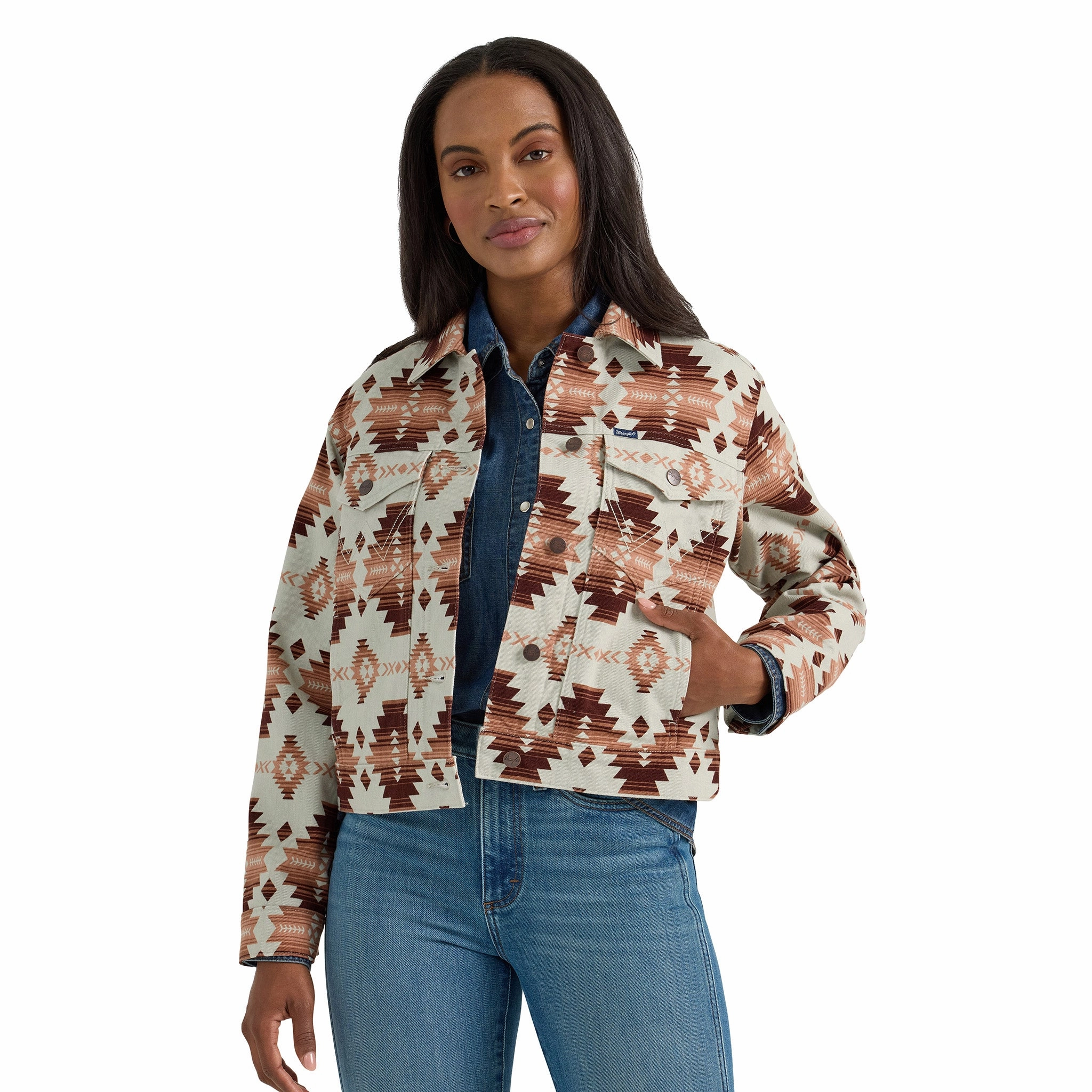 Wrangler Cream and Rust Aztec Crop Jacket Shawl Lapel Light Reflective Logos