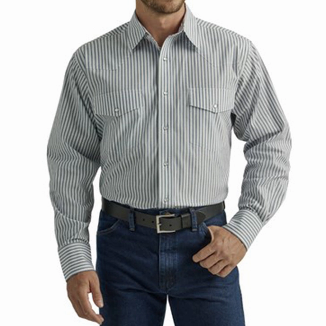 Wrangler Men's Blue & Charcoal Pin Stripe Pearl Snap Classic Wear Durable Quality