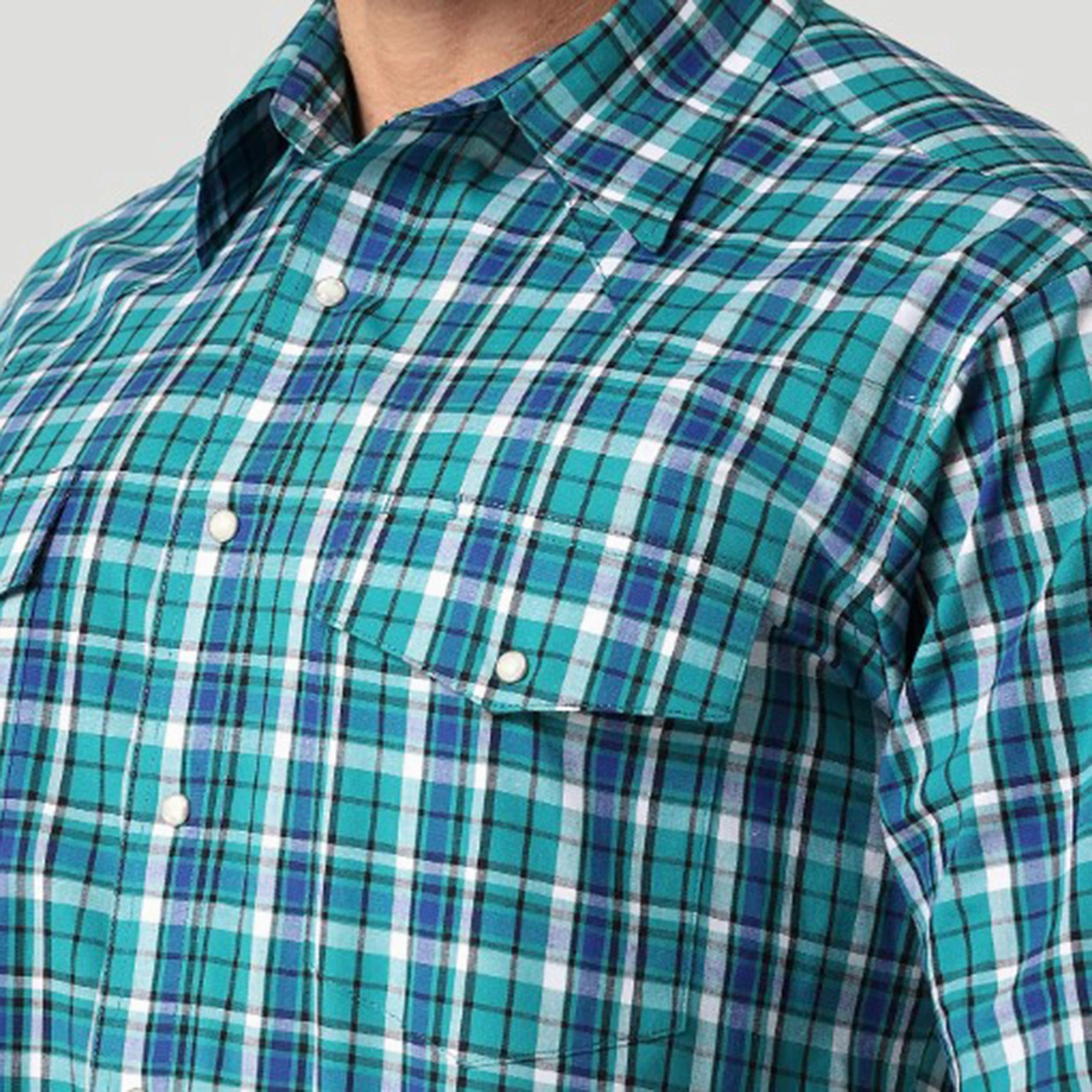 Summer Camp Wrangler Men's Blue and Green Plaid Shirt