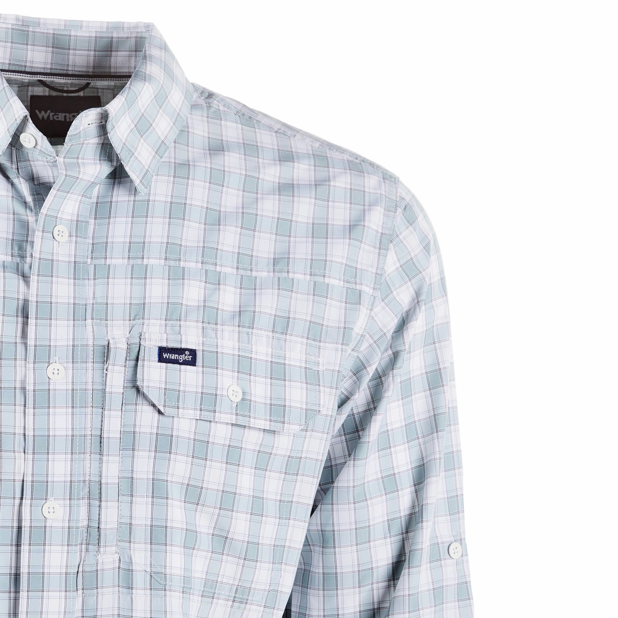 crew neck Wrangler Men's Blue and White Checkered Long Sleeve Shirt