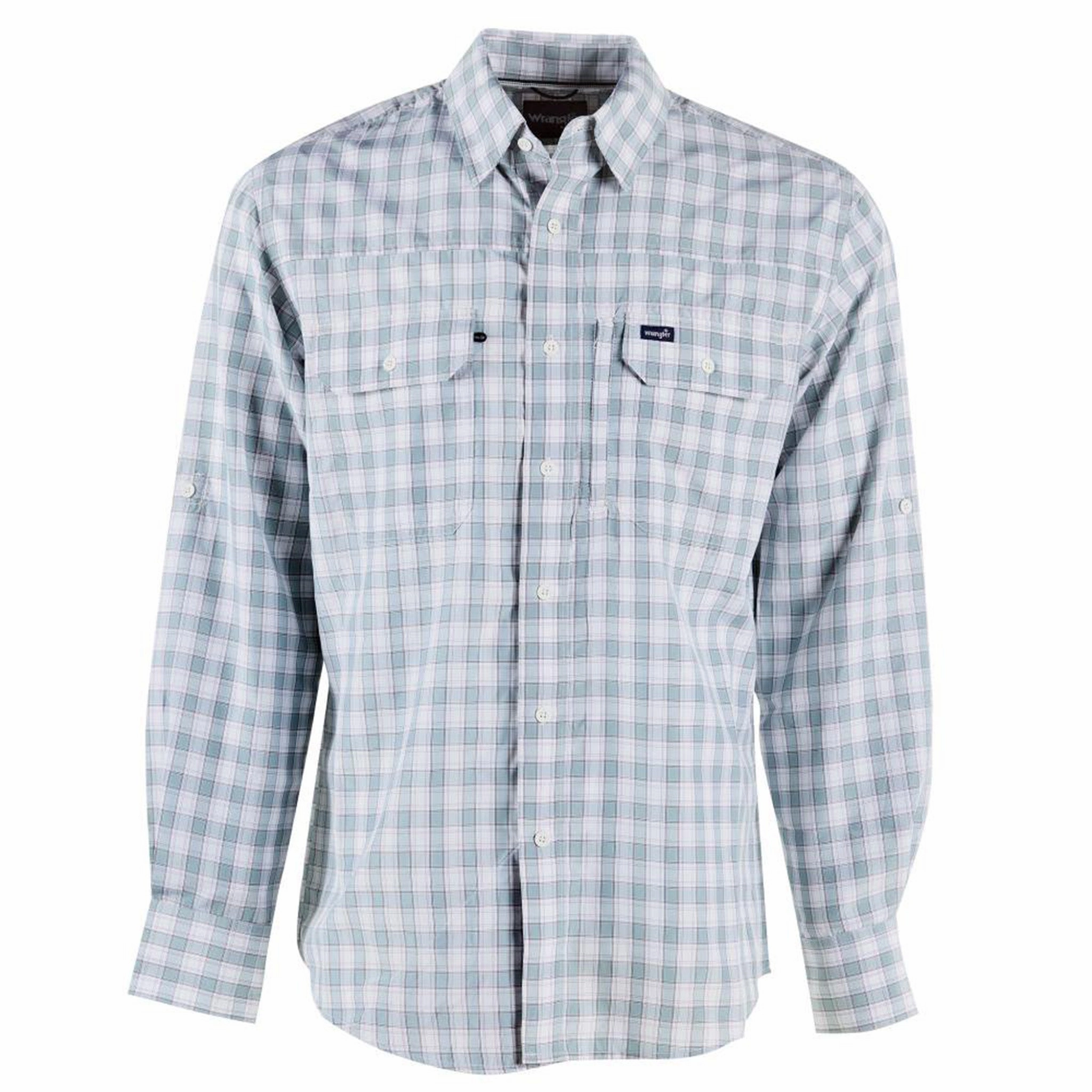Wrangler Men's Blue and White Checkered Long Sleeve Shirt Soft Texture Everyday Comfort